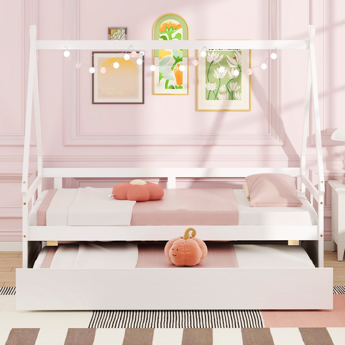 Twin Size House Bed with Trundle and Safety Guardrail-White Kids Crystal