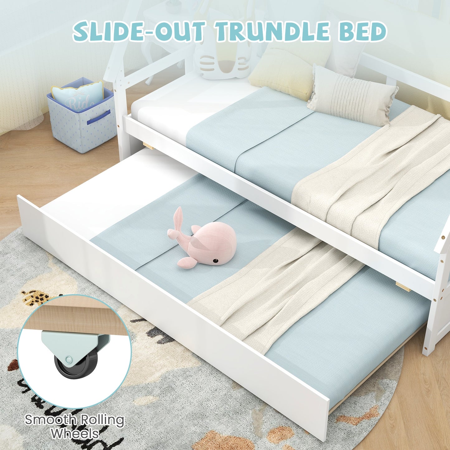 Twin Size House Bed with Trundle and Safety Guardrail-White Kids Crystal