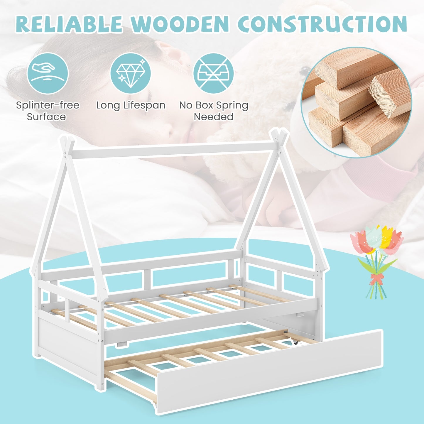 Twin Size House Bed with Trundle and Safety Guardrail-White Kids Crystal
