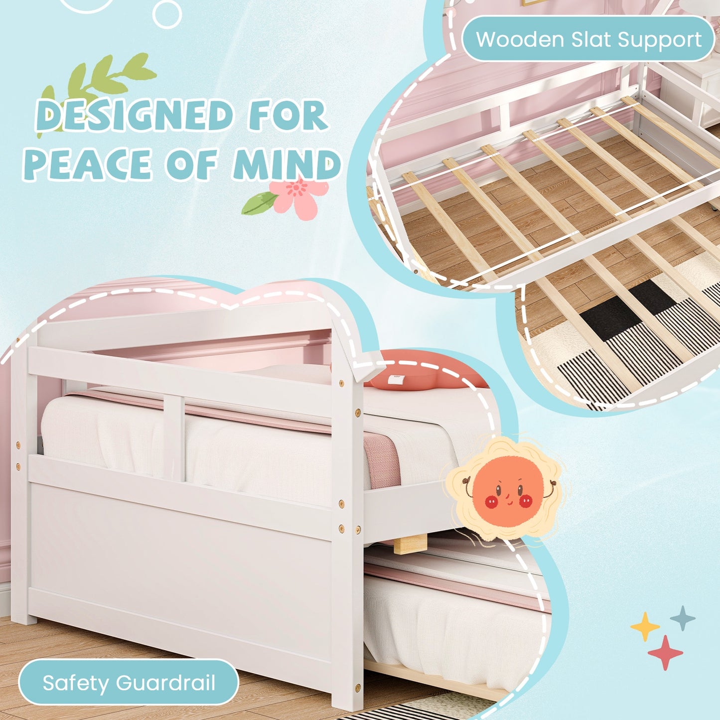 Twin Size House Bed with Trundle and Safety Guardrail-White Kids Crystal