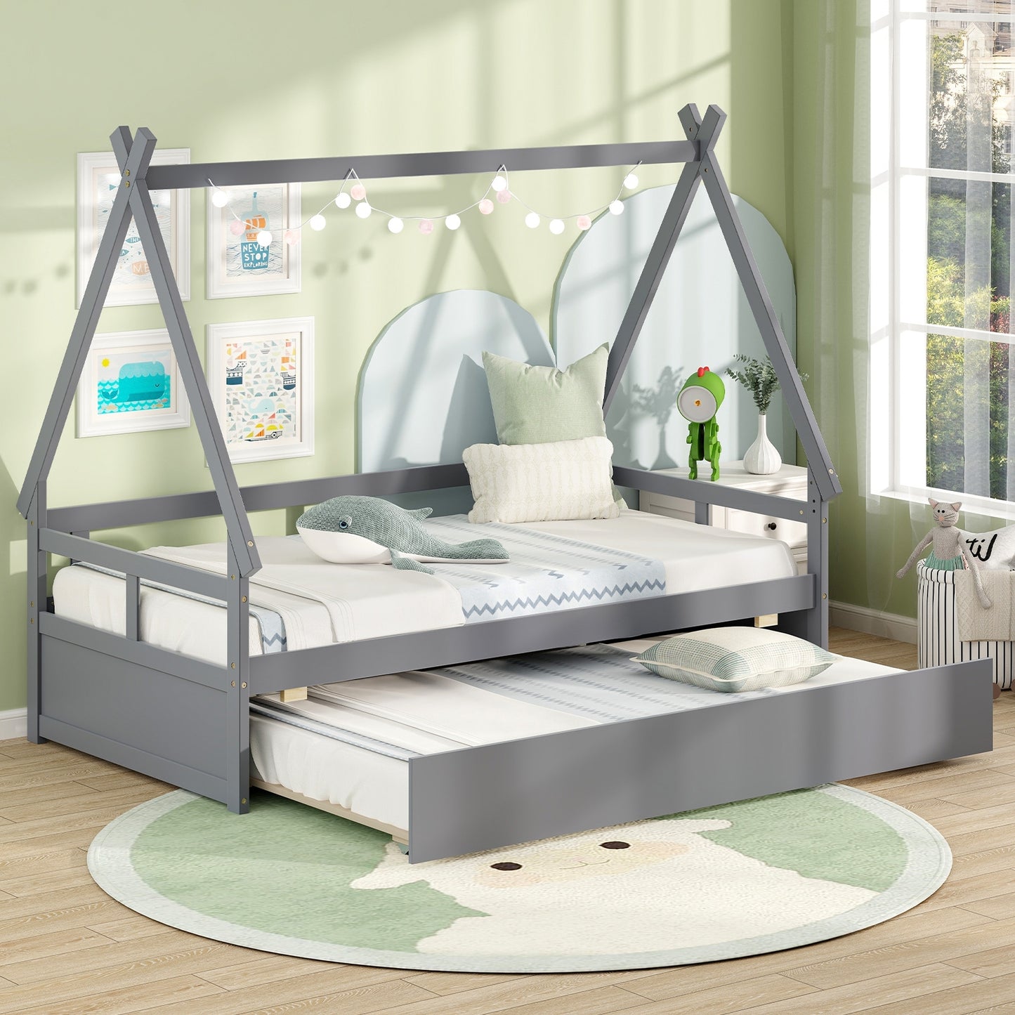 Twin Size House Bed with Trundle and Safety Guardrail-Gray Kids Crystal