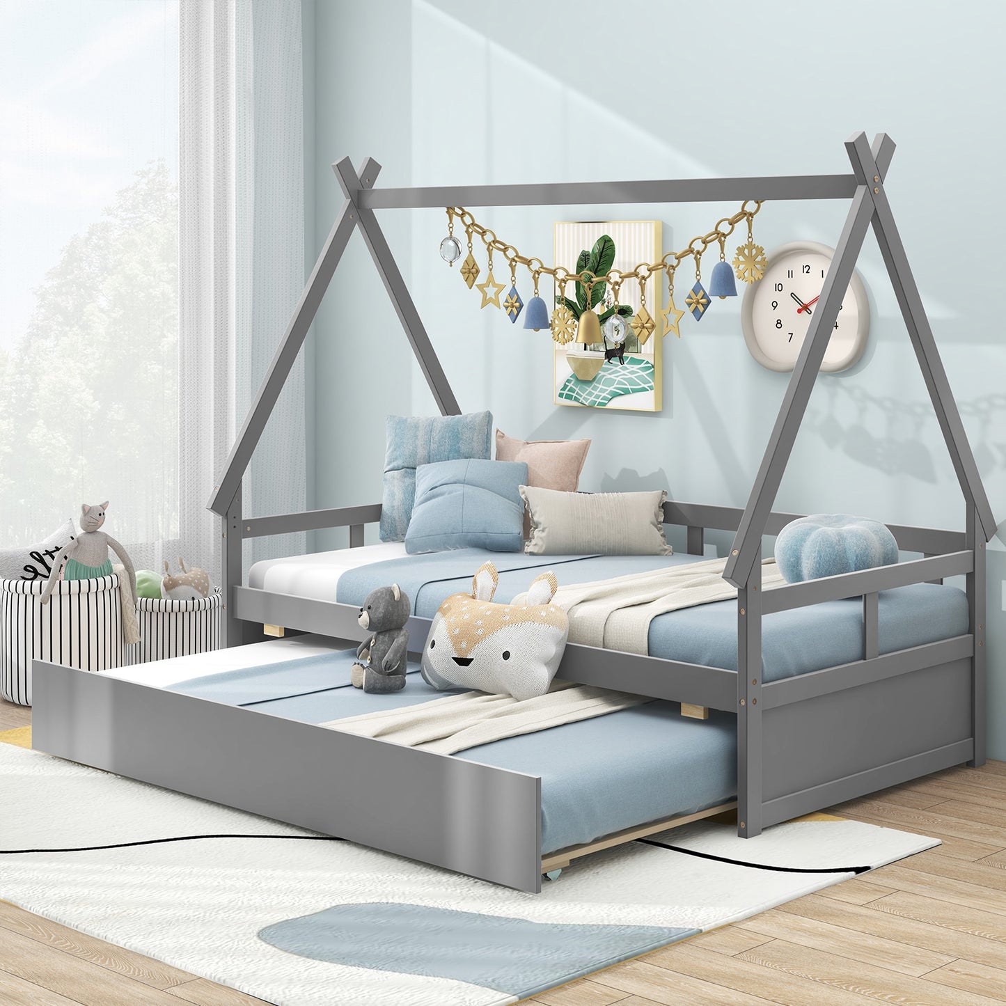 Twin Size House Bed with Trundle and Safety Guardrail-Gray Kids Crystal