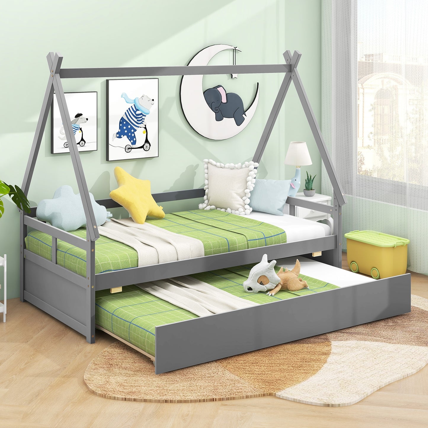 Twin Size House Bed with Trundle and Safety Guardrail-Gray Kids Crystal
