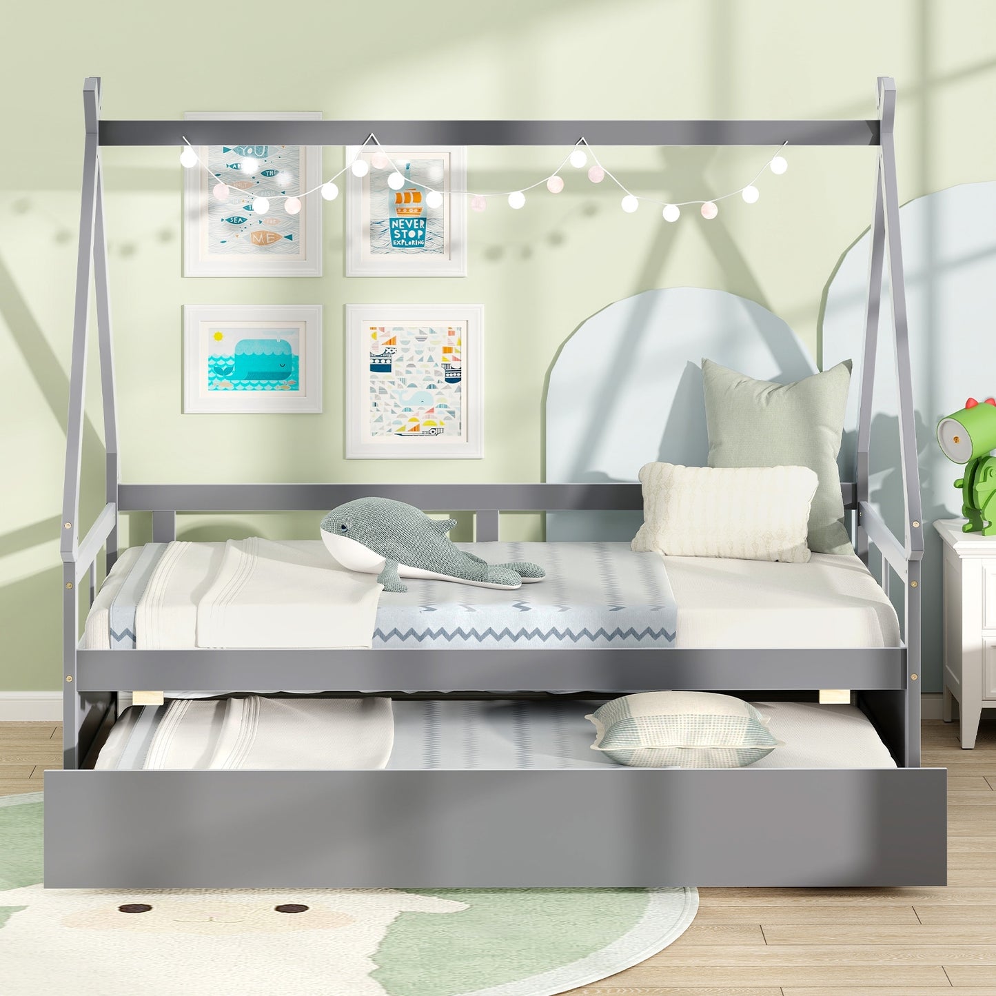 Twin Size House Bed with Trundle and Safety Guardrail-Gray Kids Crystal