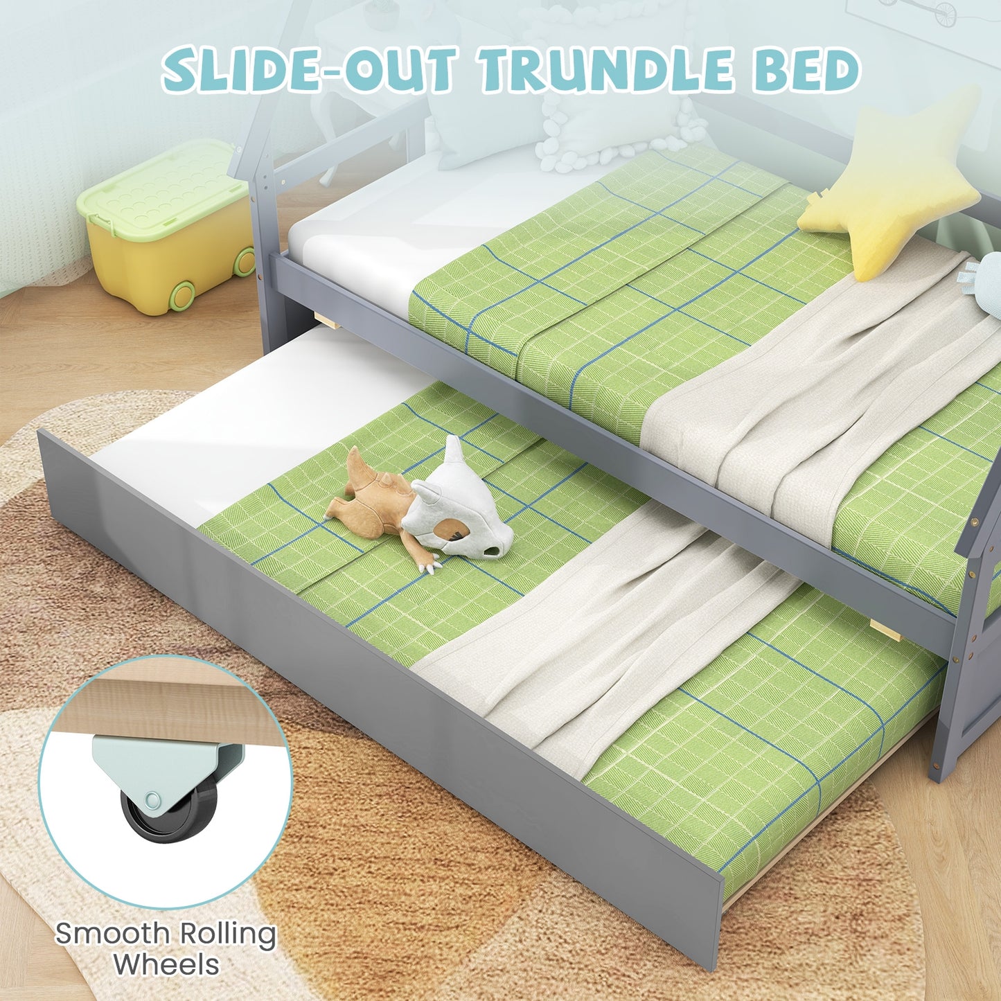 Twin Size House Bed with Trundle and Safety Guardrail-Gray Kids Crystal