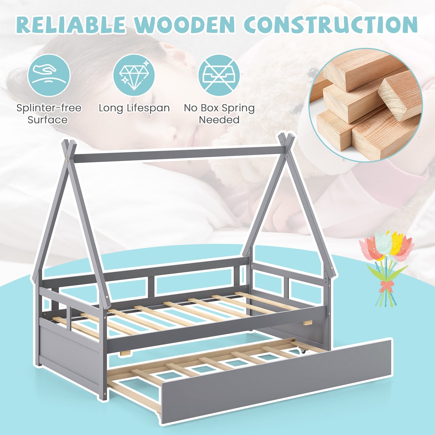 Twin Size House Bed with Trundle and Safety Guardrail-Gray Kids Crystal