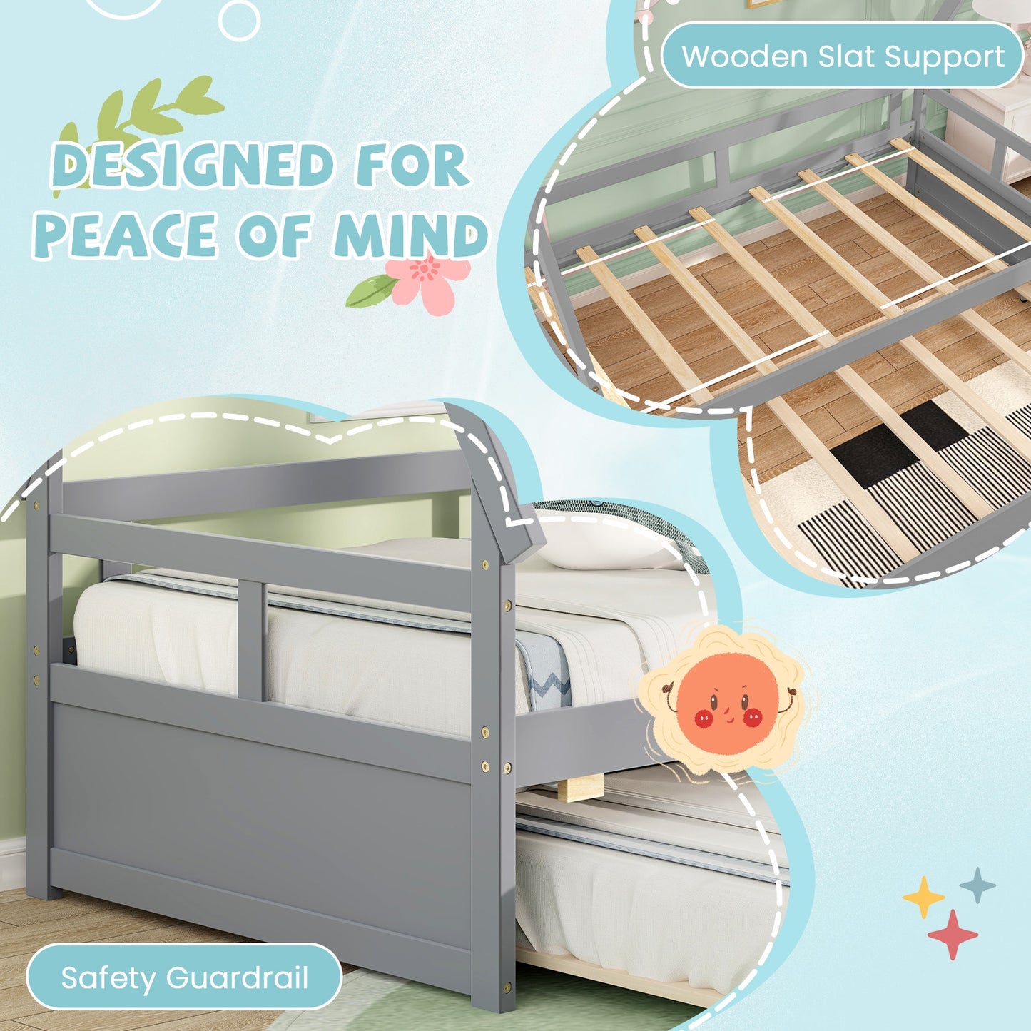 Twin Size House Bed with Trundle and Safety Guardrail-Gray Kids Crystal