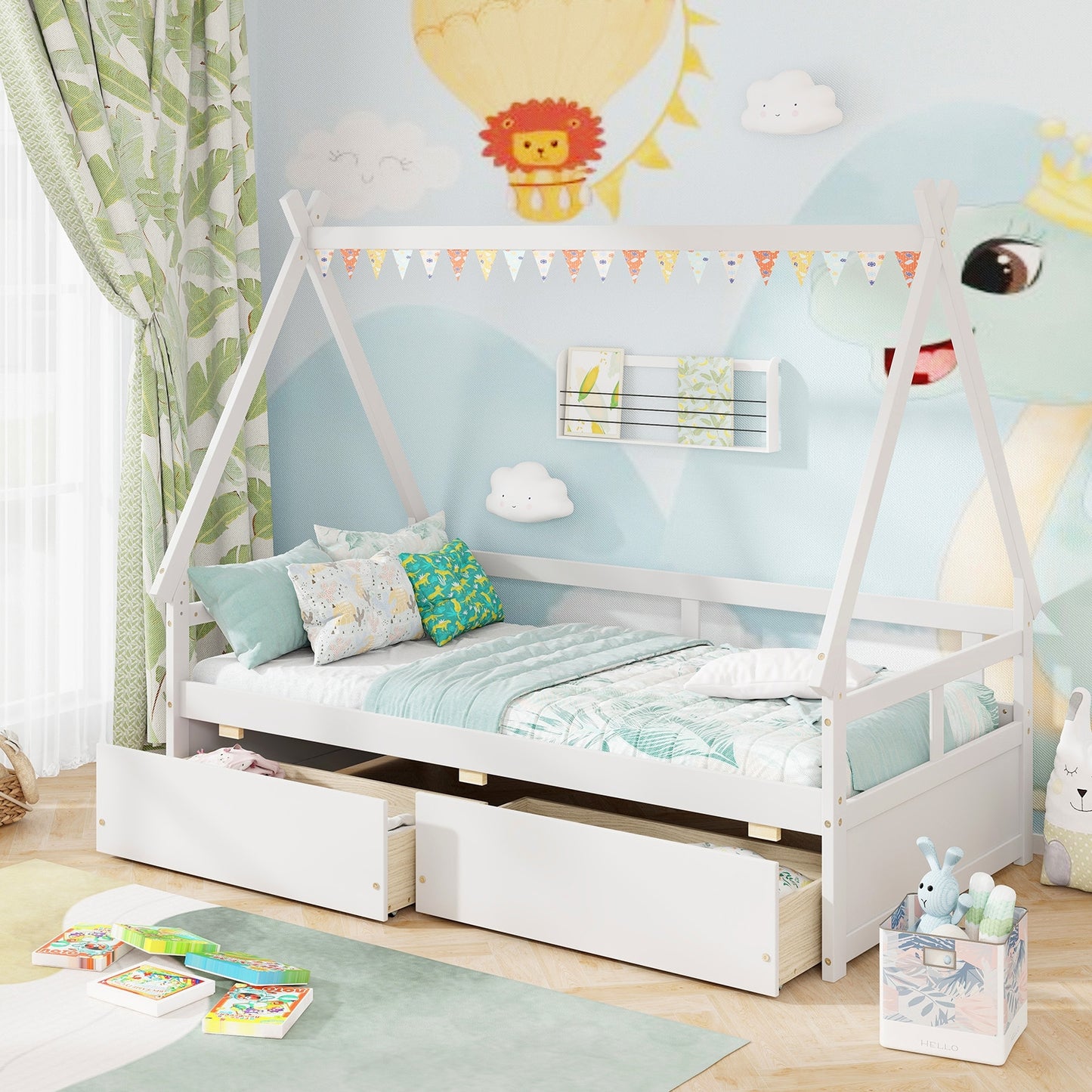 Twin Size House Bed with Roof and Safety Guardrail-White Kids Crystal