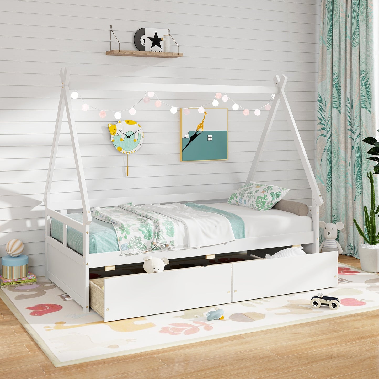 Twin Size House Bed with Roof and Safety Guardrail-White Kids Crystal
