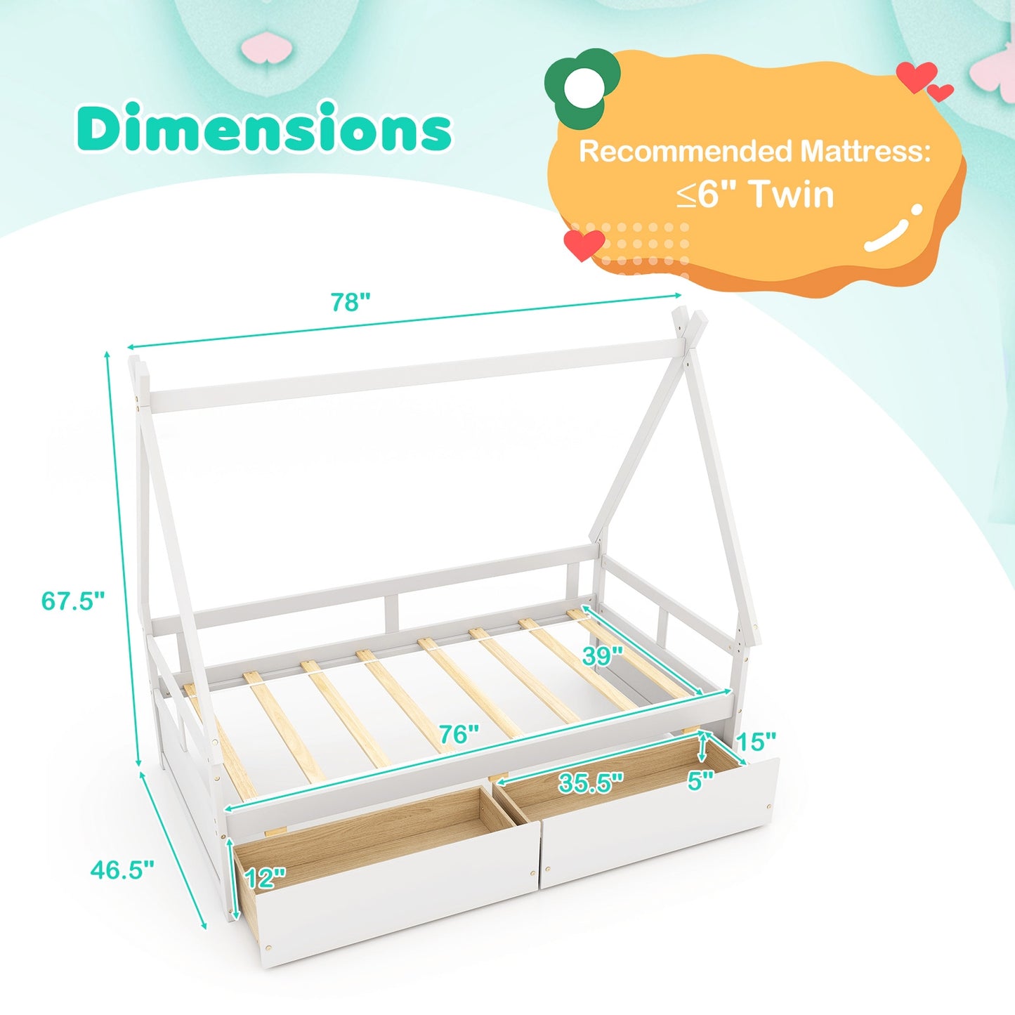 Twin Size House Bed with Roof and Safety Guardrail-White Kids Crystal