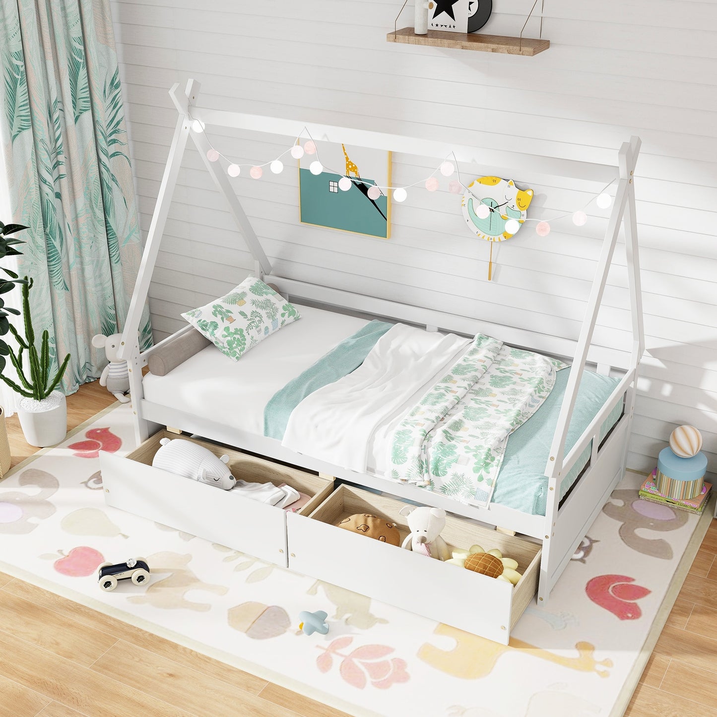 Twin Size House Bed with Roof and Safety Guardrail-White Kids Crystal