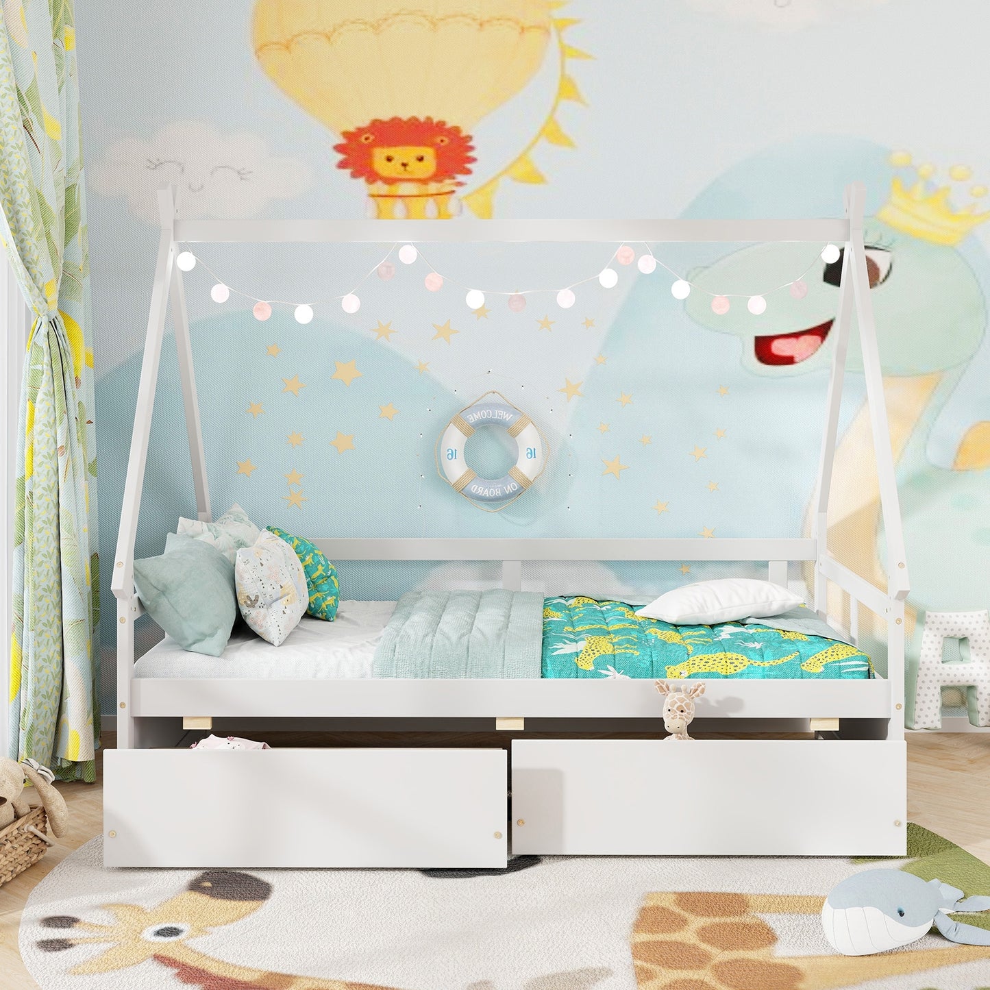Twin Size House Bed with Roof and Safety Guardrail-White Kids Crystal
