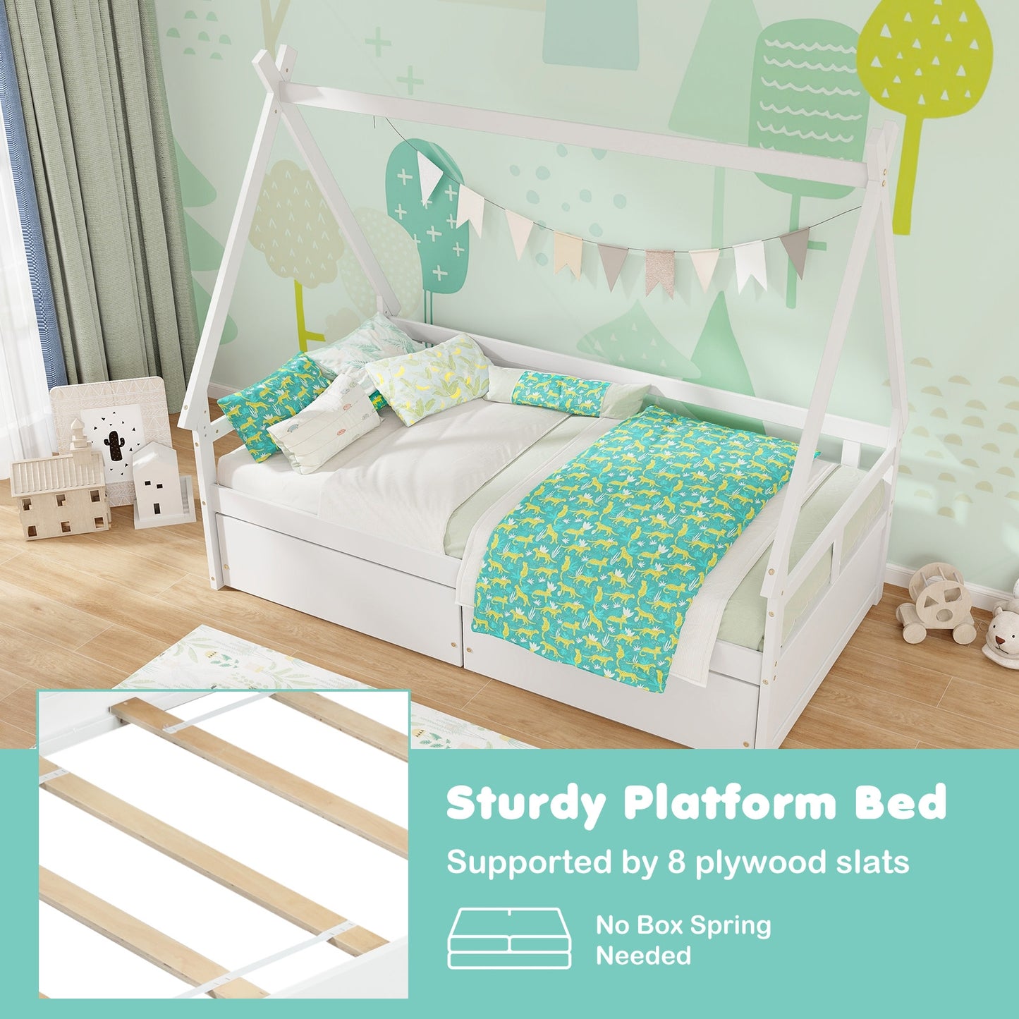 Twin Size House Bed with Roof and Safety Guardrail-White Kids Crystal