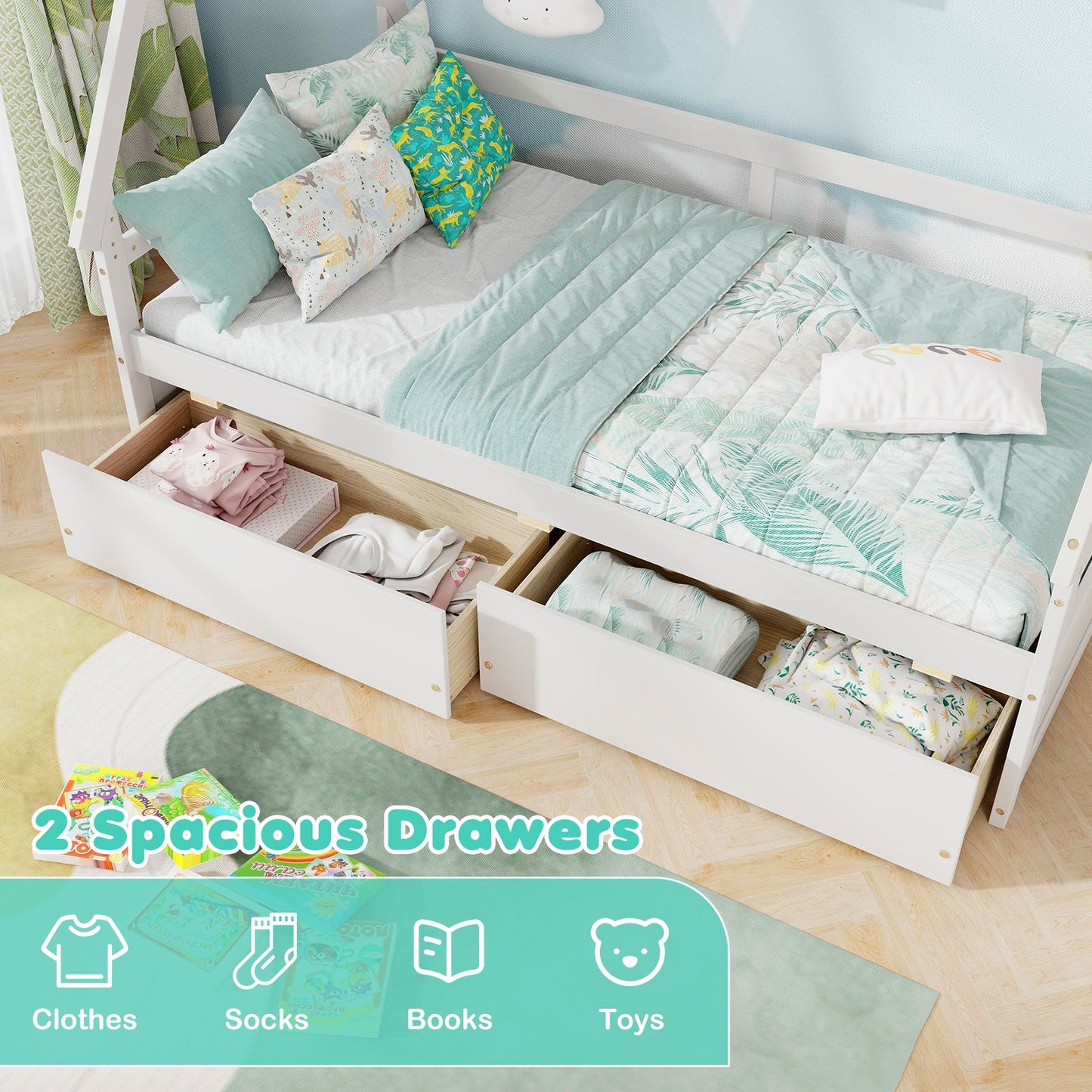 Twin Size House Bed with Roof and Safety Guardrail-White Kids Crystal