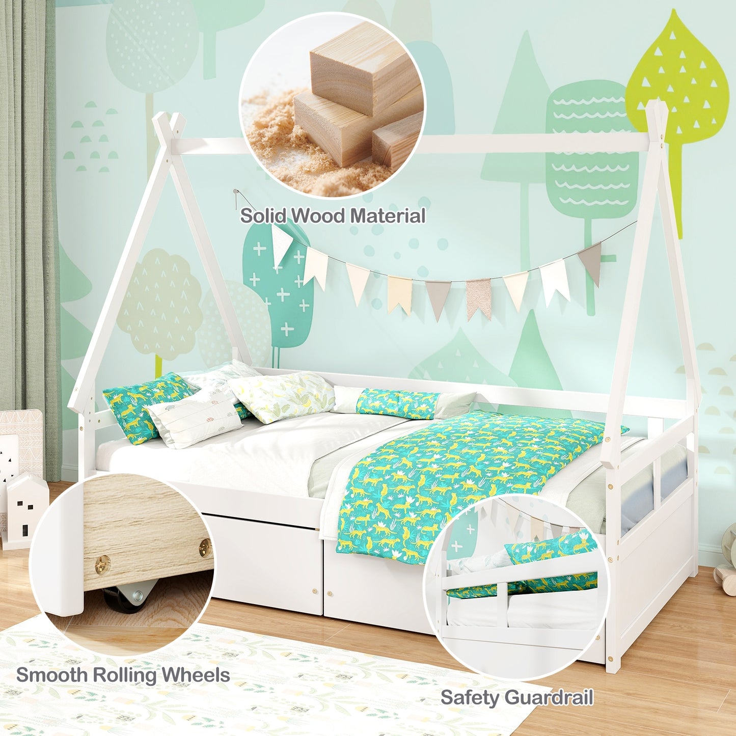 Twin Size House Bed with Roof and Safety Guardrail-White Kids Crystal