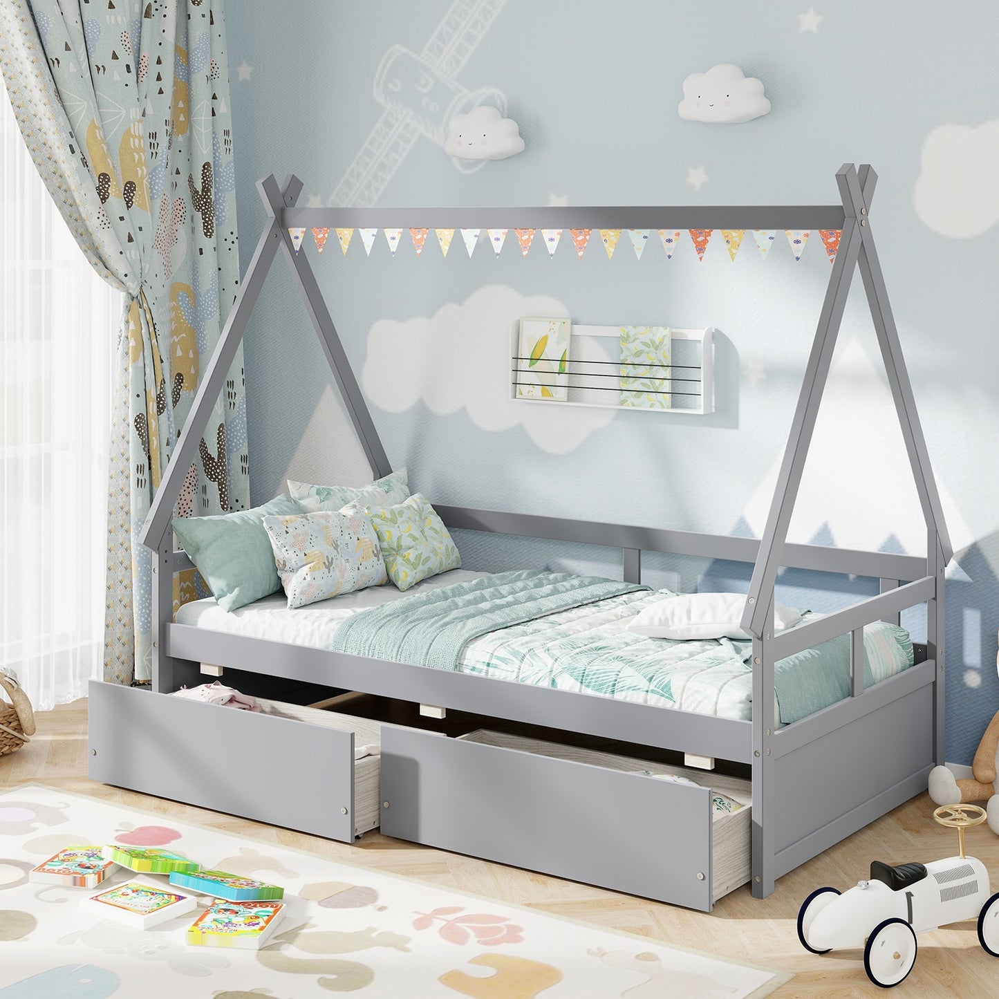 Twin Size House Bed with Roof and Safety Guardrail-Gray Kids Crystal