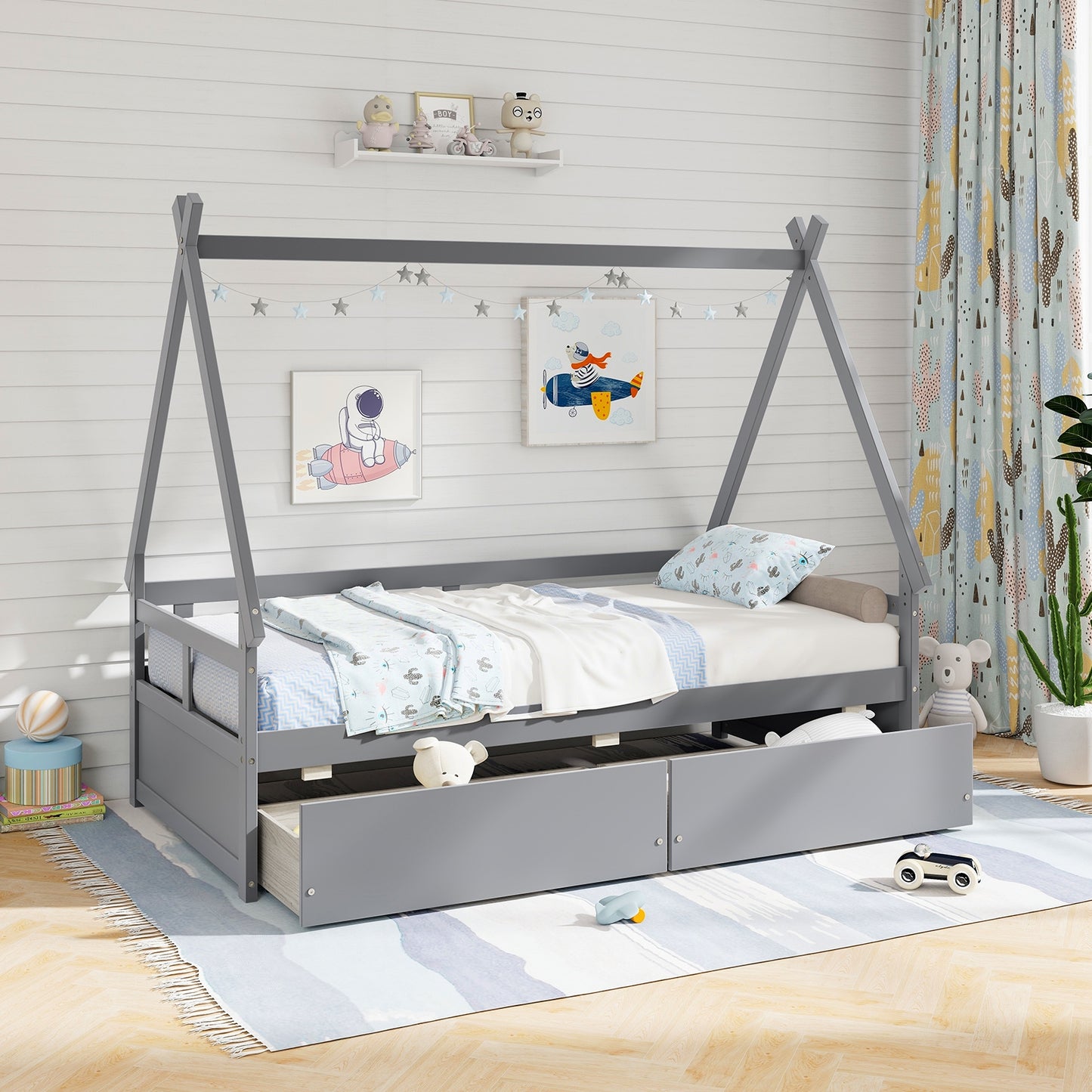 Twin Size House Bed with Roof and Safety Guardrail-Gray Kids Crystal