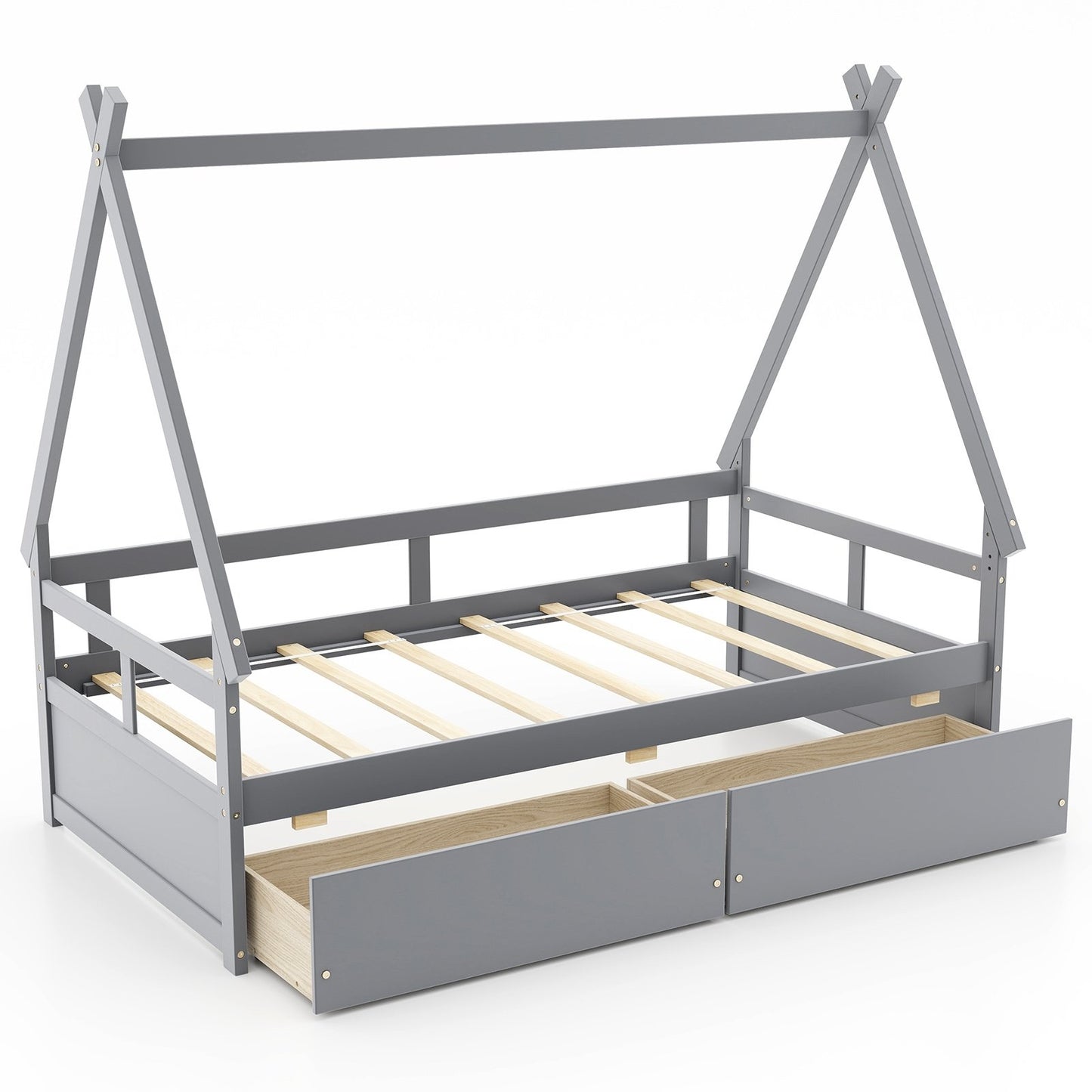 Twin Size House Bed with Roof and Safety Guardrail-Gray Kids Crystal