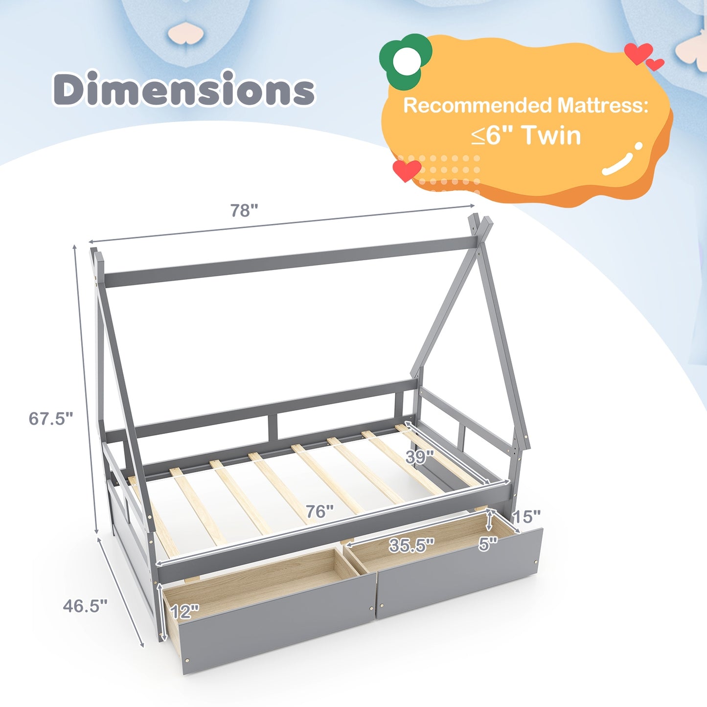 Twin Size House Bed with Roof and Safety Guardrail-Gray Kids Crystal