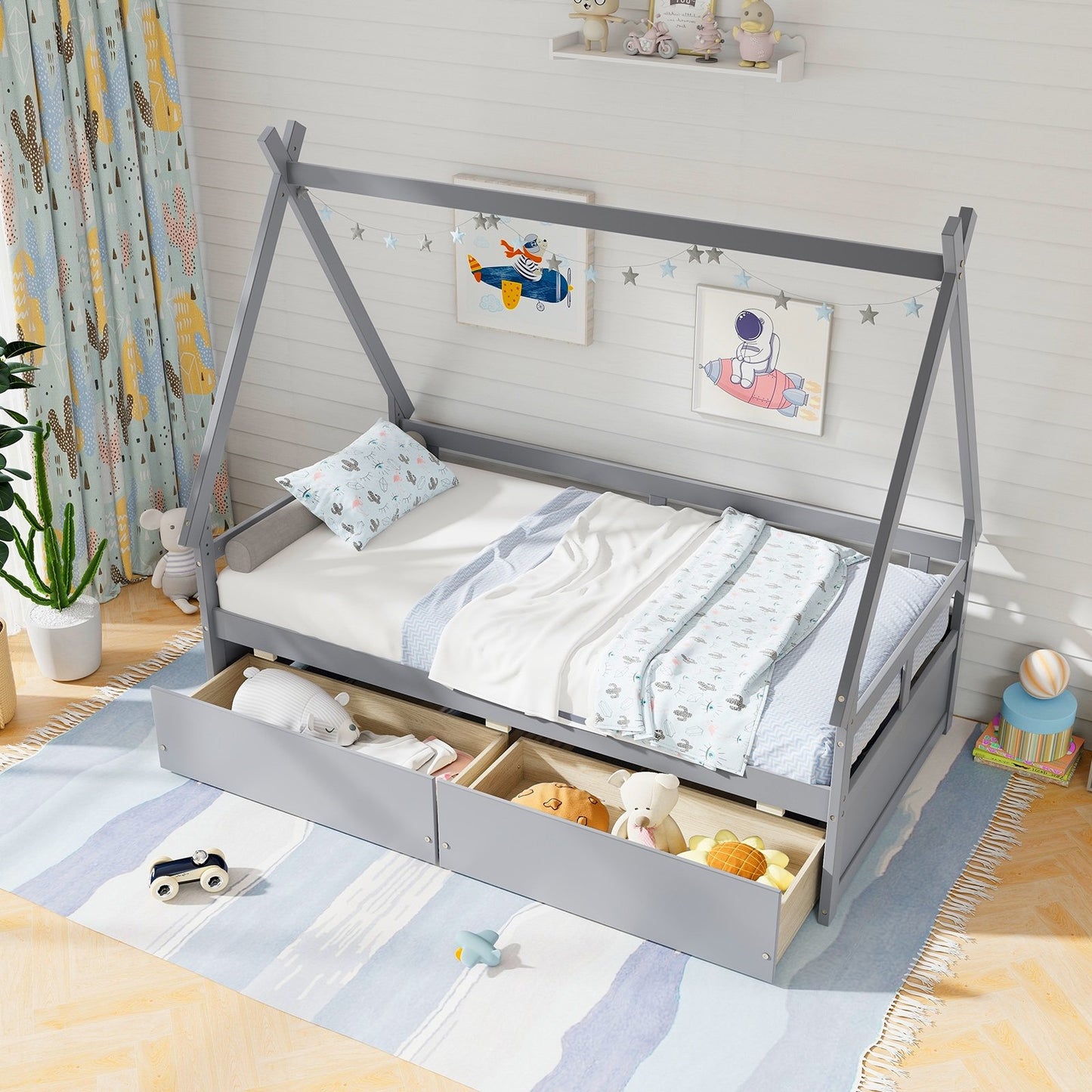 Twin Size House Bed with Roof and Safety Guardrail-Gray Kids Crystal