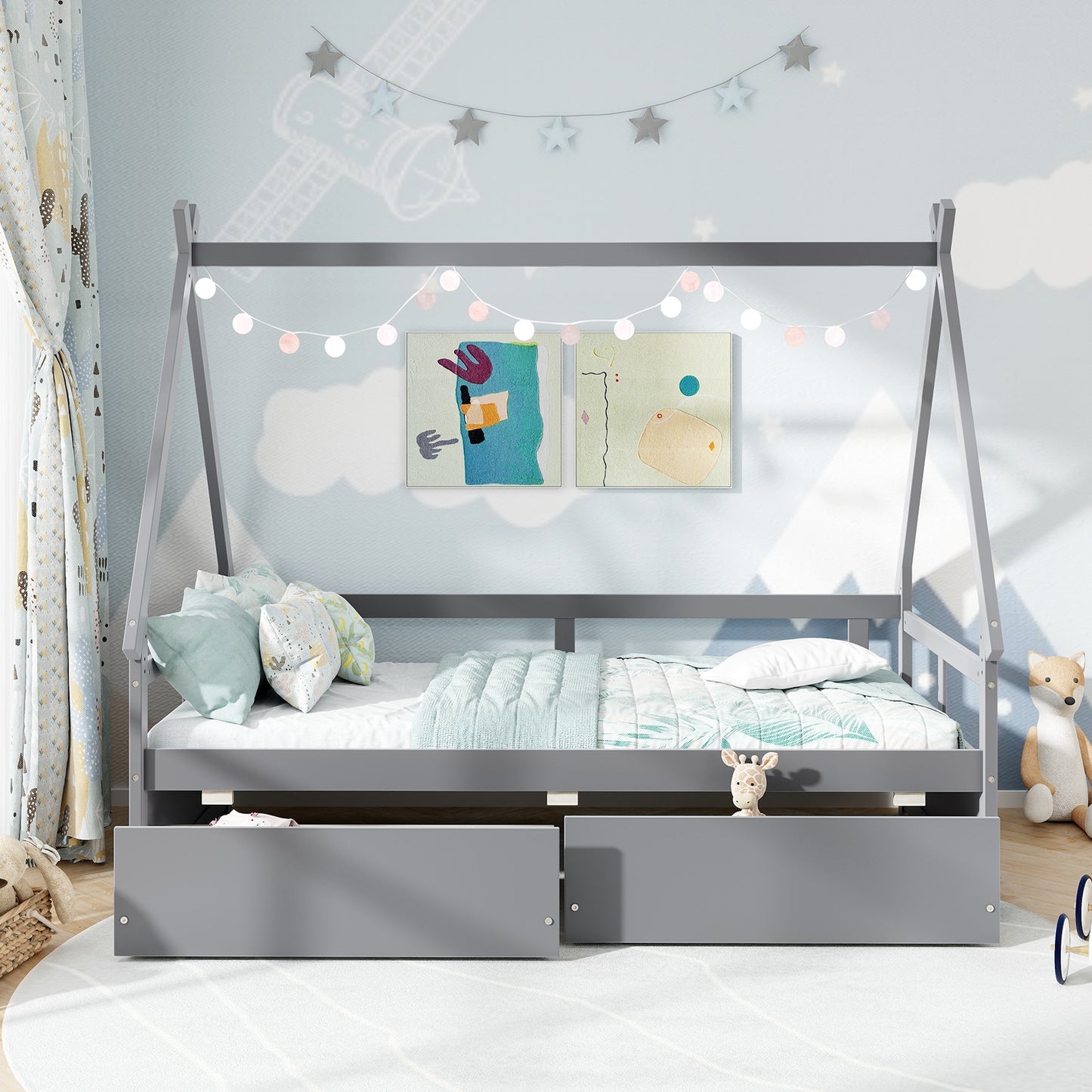 Twin Size House Bed with Roof and Safety Guardrail-Gray Kids Crystal