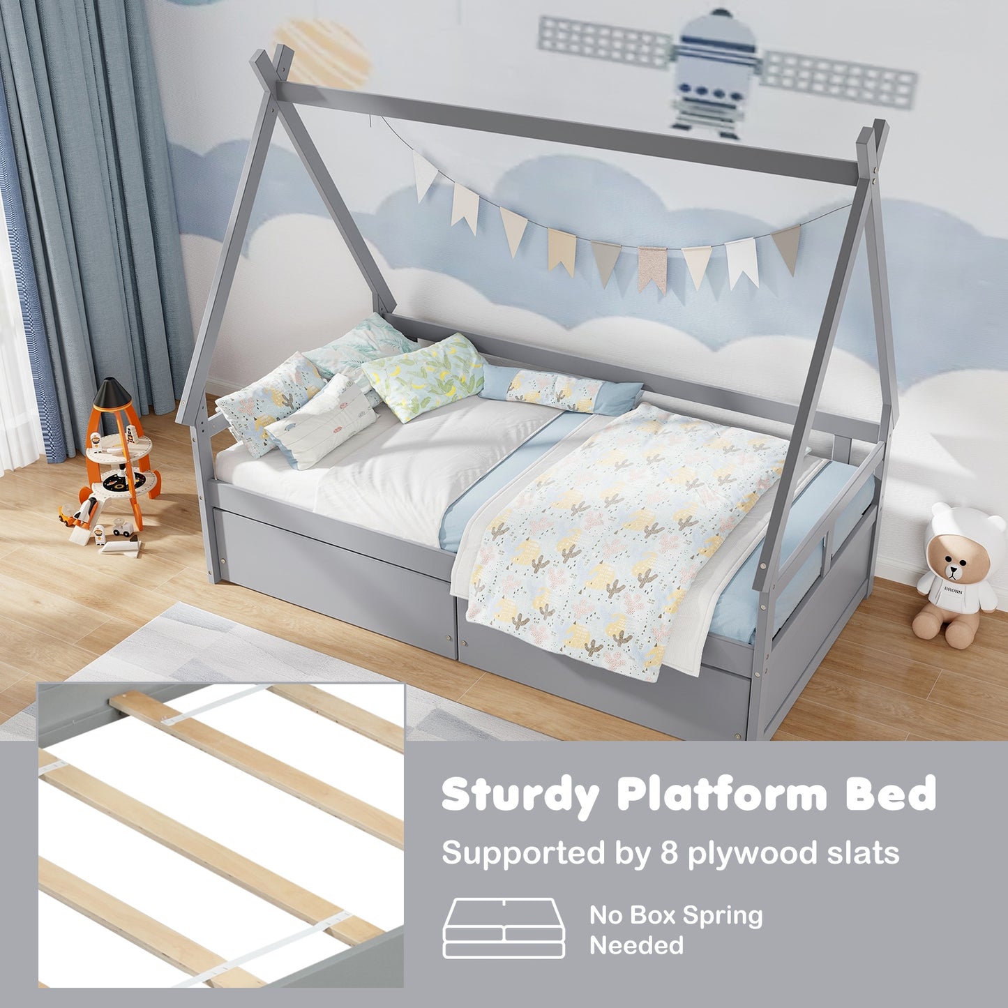 Twin Size House Bed with Roof and Safety Guardrail-Gray Kids Crystal