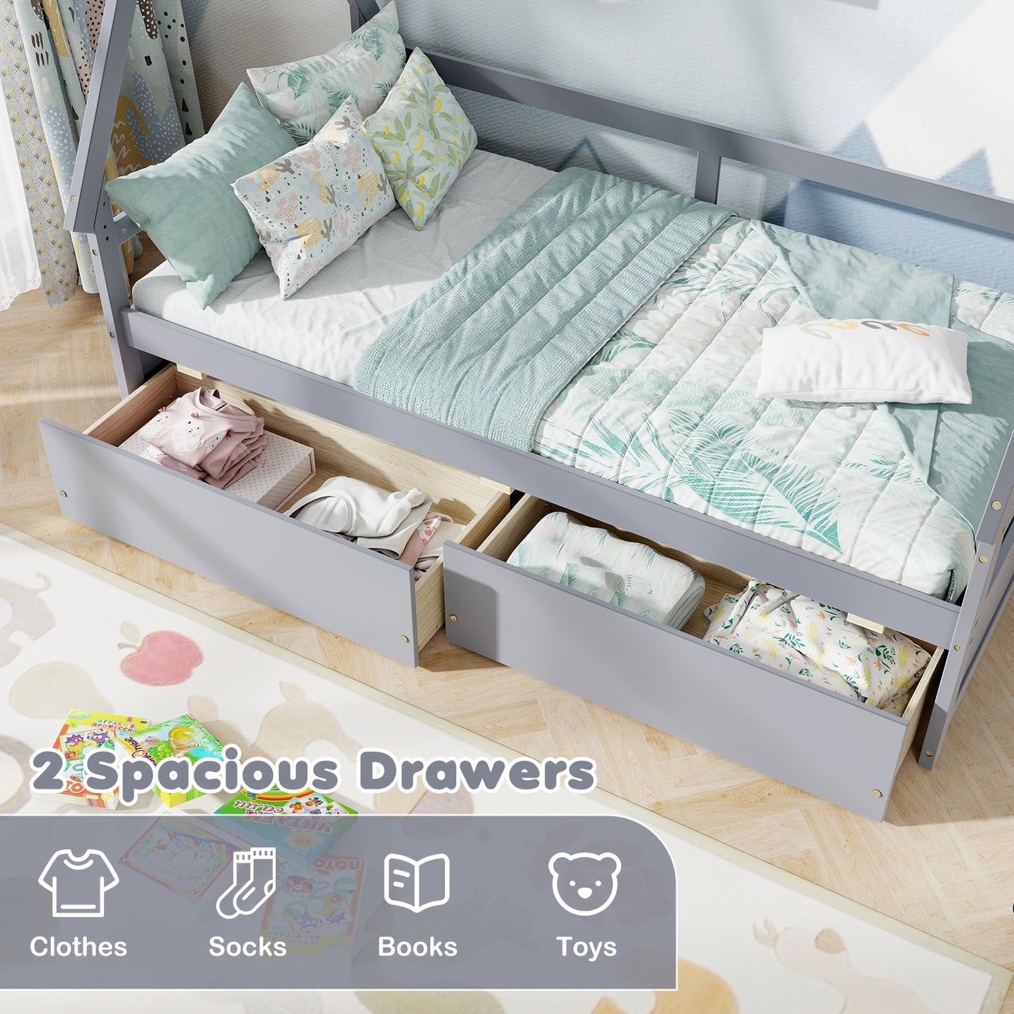 Twin Size House Bed with Roof and Safety Guardrail-Gray Kids Crystal