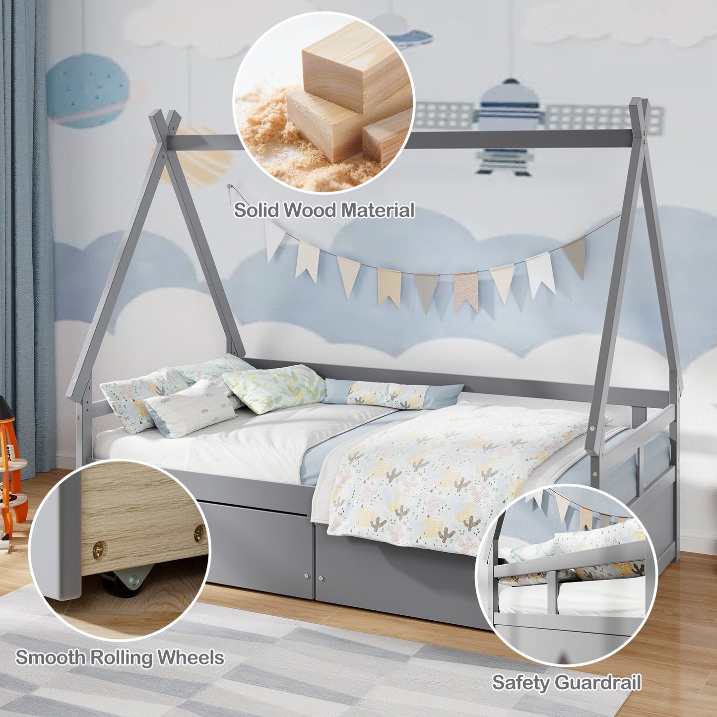 Twin Size House Bed with Roof and Safety Guardrail-Gray Kids Crystal
