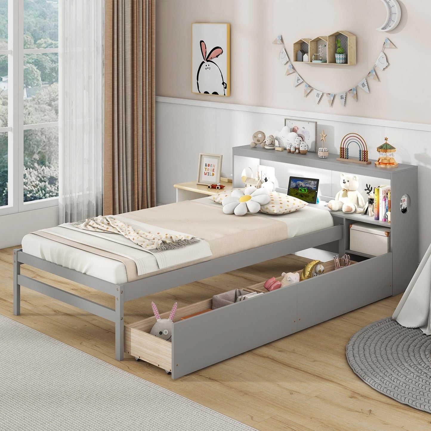 Twin Size Bed Frame with LED Light and Bookcase Headboard-Gray Kids Crystal
