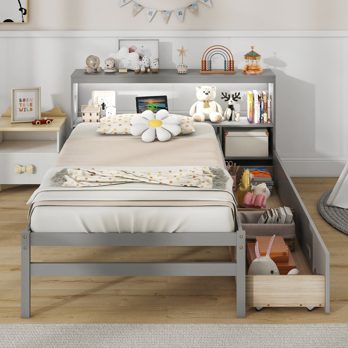 Twin Size Bed Frame with LED Light and Bookcase Headboard-Gray Kids Crystal