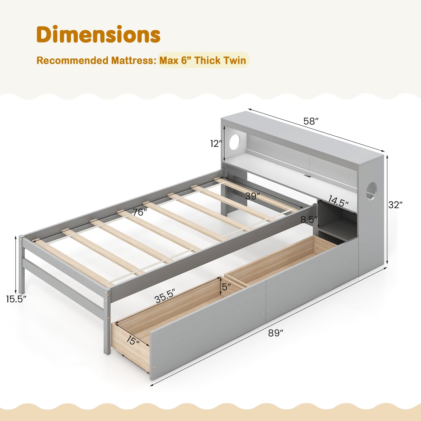 Twin Size Bed Frame with LED Light and Bookcase Headboard-Gray Kids Crystal