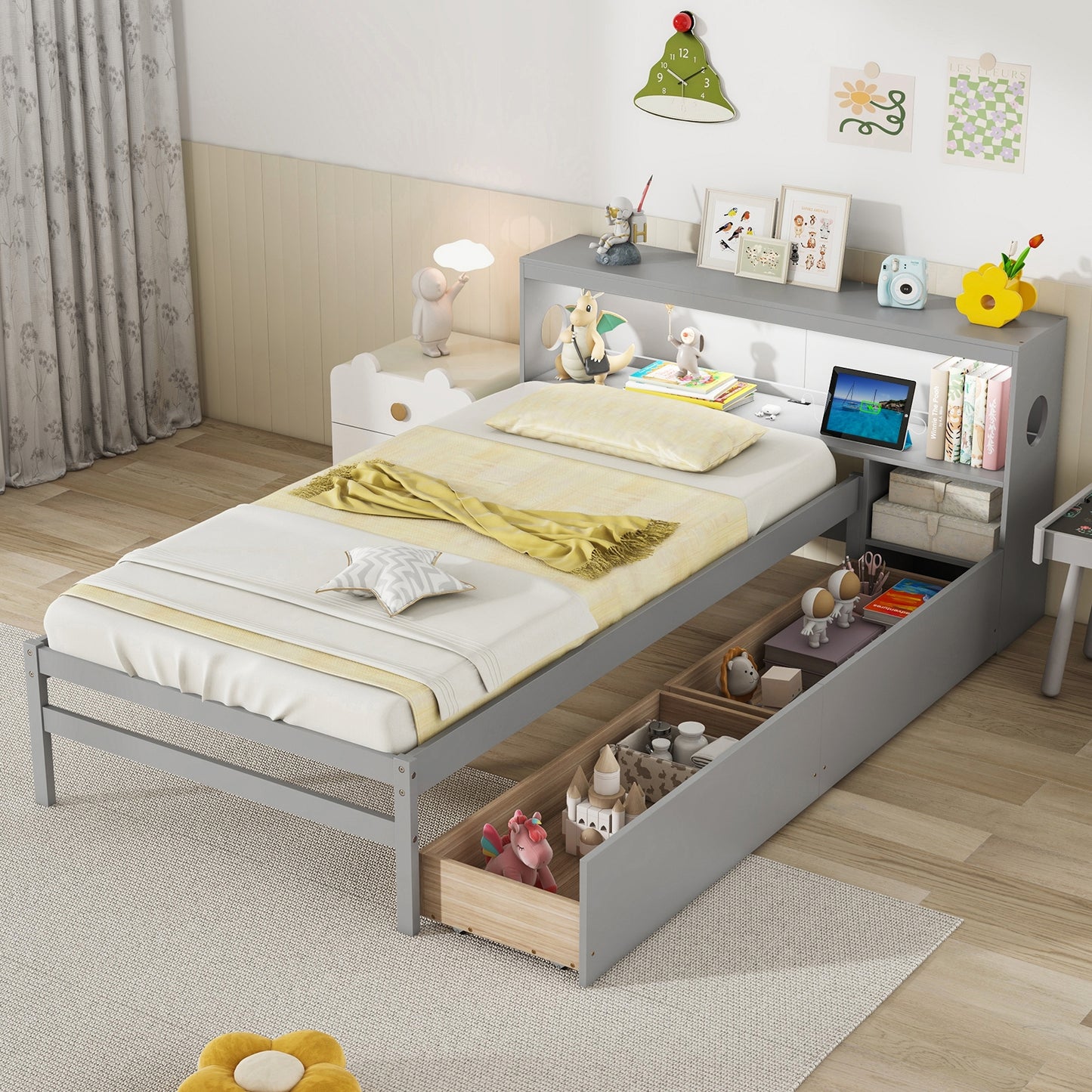 Twin Size Bed Frame with LED Light and Bookcase Headboard-Gray Kids Crystal