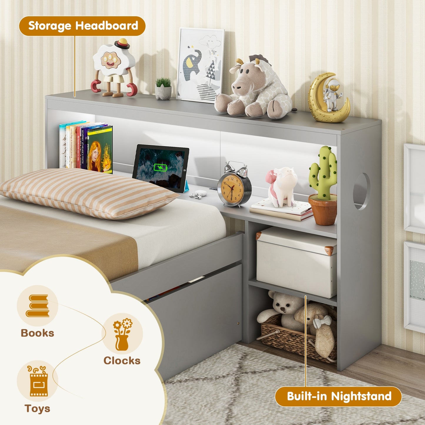 Twin Size Bed Frame with LED Light and Bookcase Headboard-Gray Kids Crystal