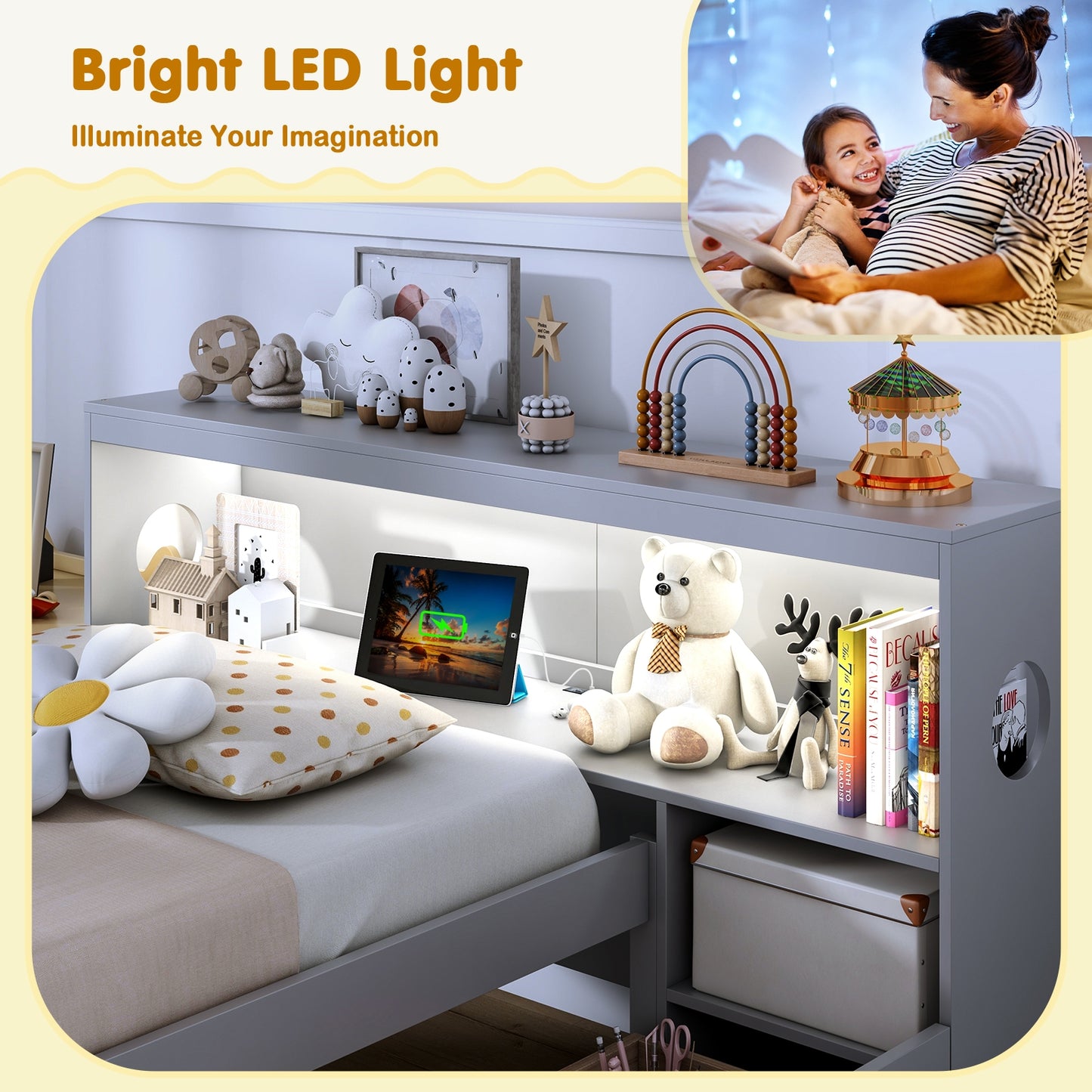 Twin Size Bed Frame with LED Light and Bookcase Headboard-Gray Kids Crystal