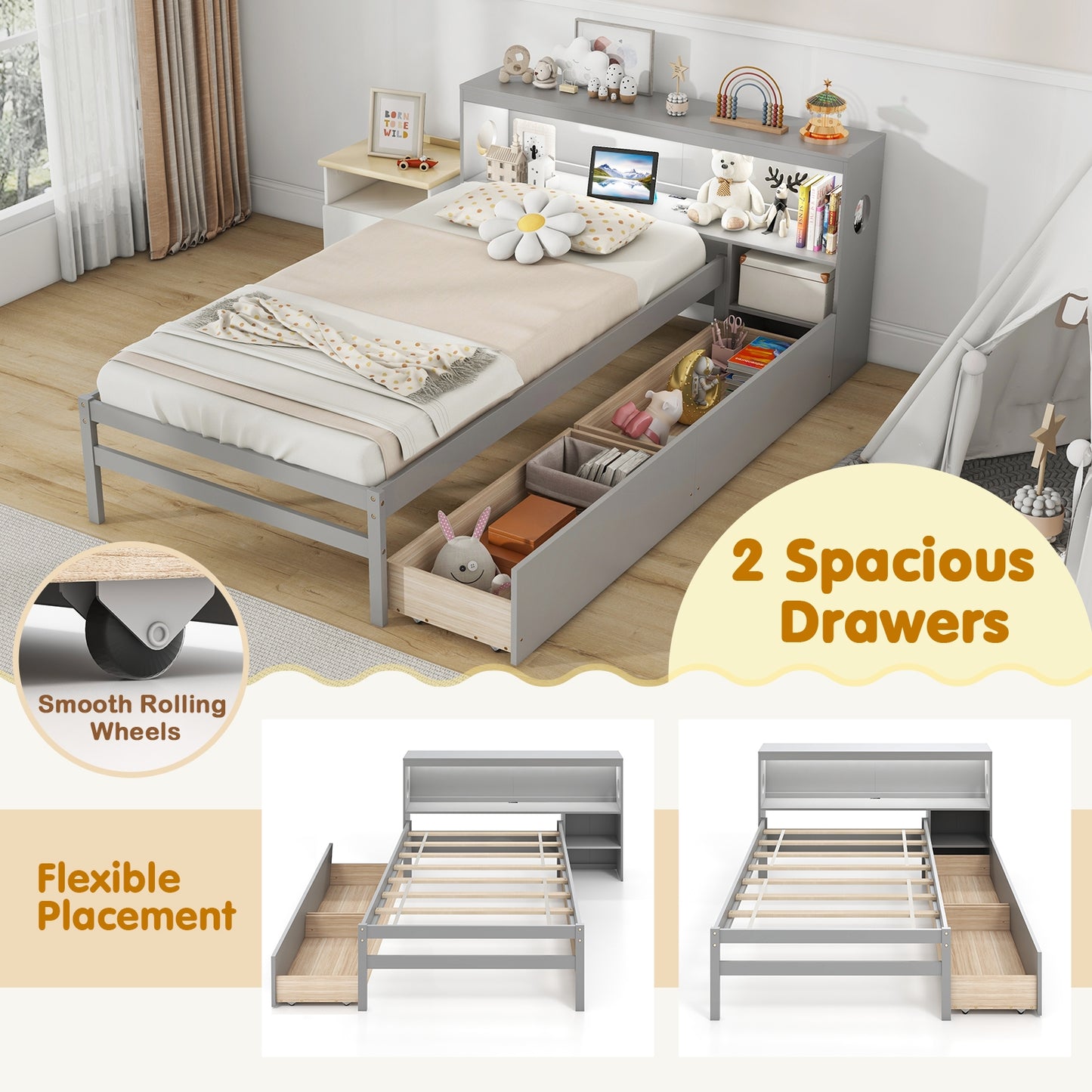 Twin Size Bed Frame with LED Light and Bookcase Headboard-Gray Kids Crystal