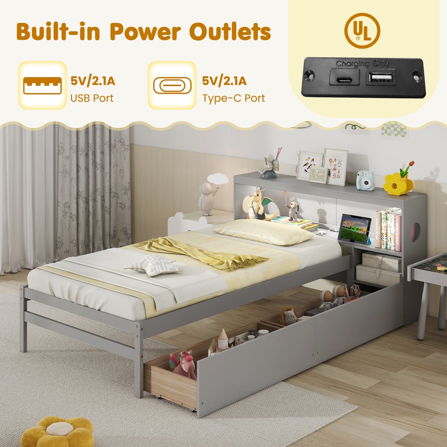 Twin Size Bed Frame with LED Light and Bookcase Headboard-Gray Kids Crystal