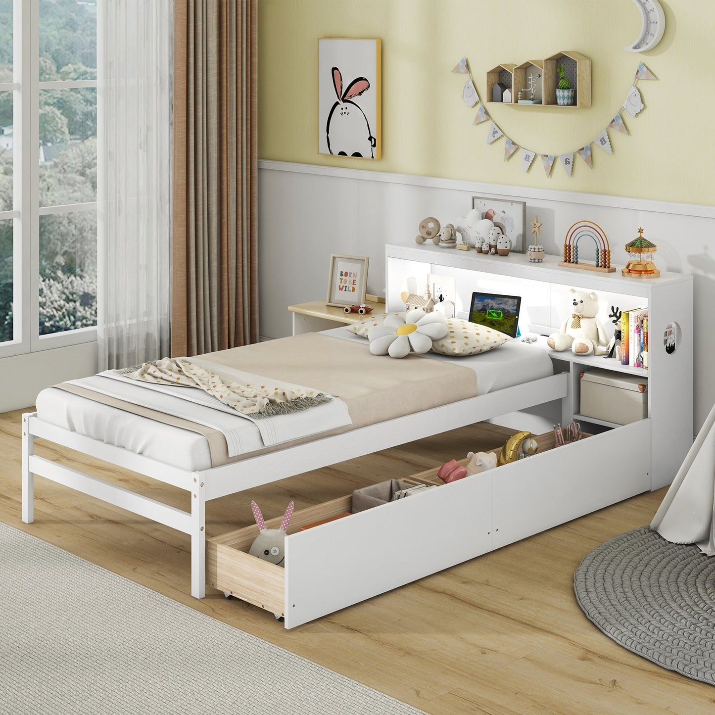 Twin Size Bed Frame with LED Light and Bookcase Headboard-White Kids Crystal