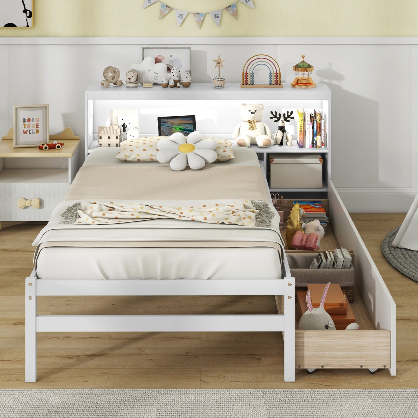 Twin Size Bed Frame with LED Light and Bookcase Headboard-White Kids Crystal