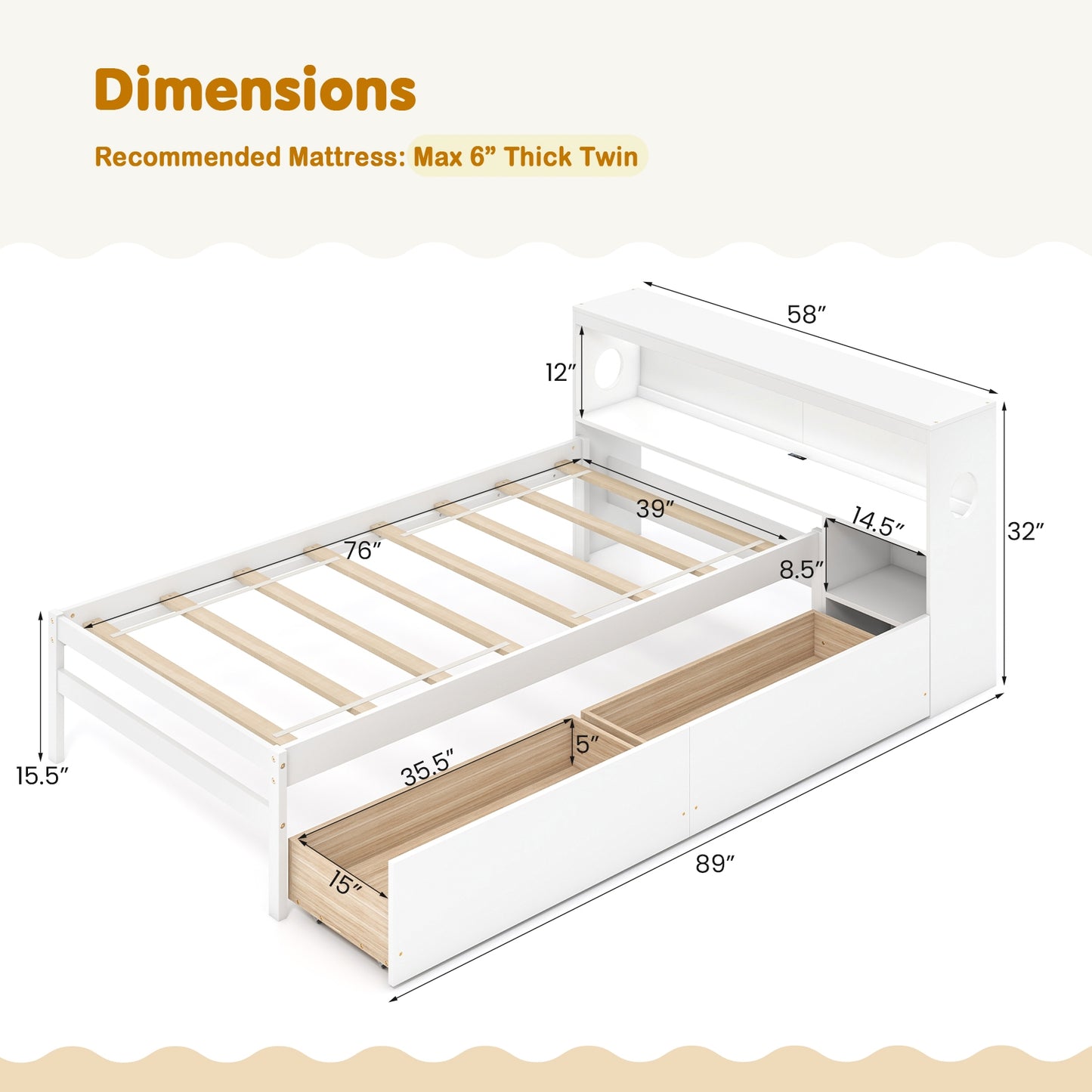 Twin Size Bed Frame with LED Light and Bookcase Headboard-White Kids Crystal