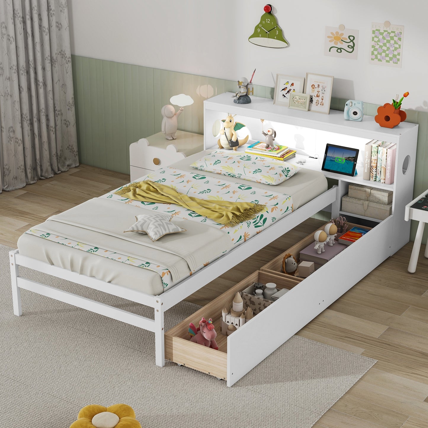 Twin Size Bed Frame with LED Light and Bookcase Headboard-White Kids Crystal