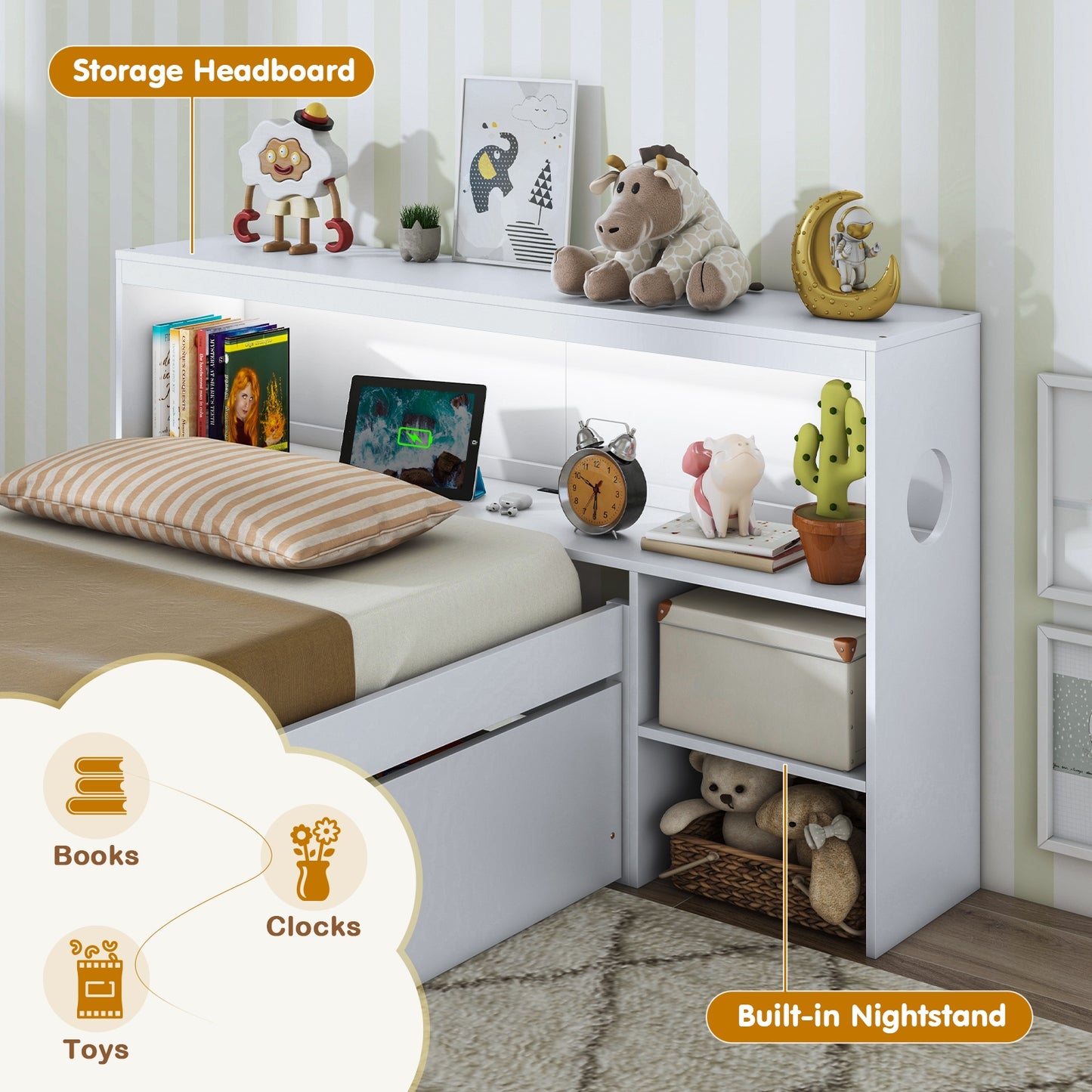 Twin Size Bed Frame with LED Light and Bookcase Headboard-White Kids Crystal