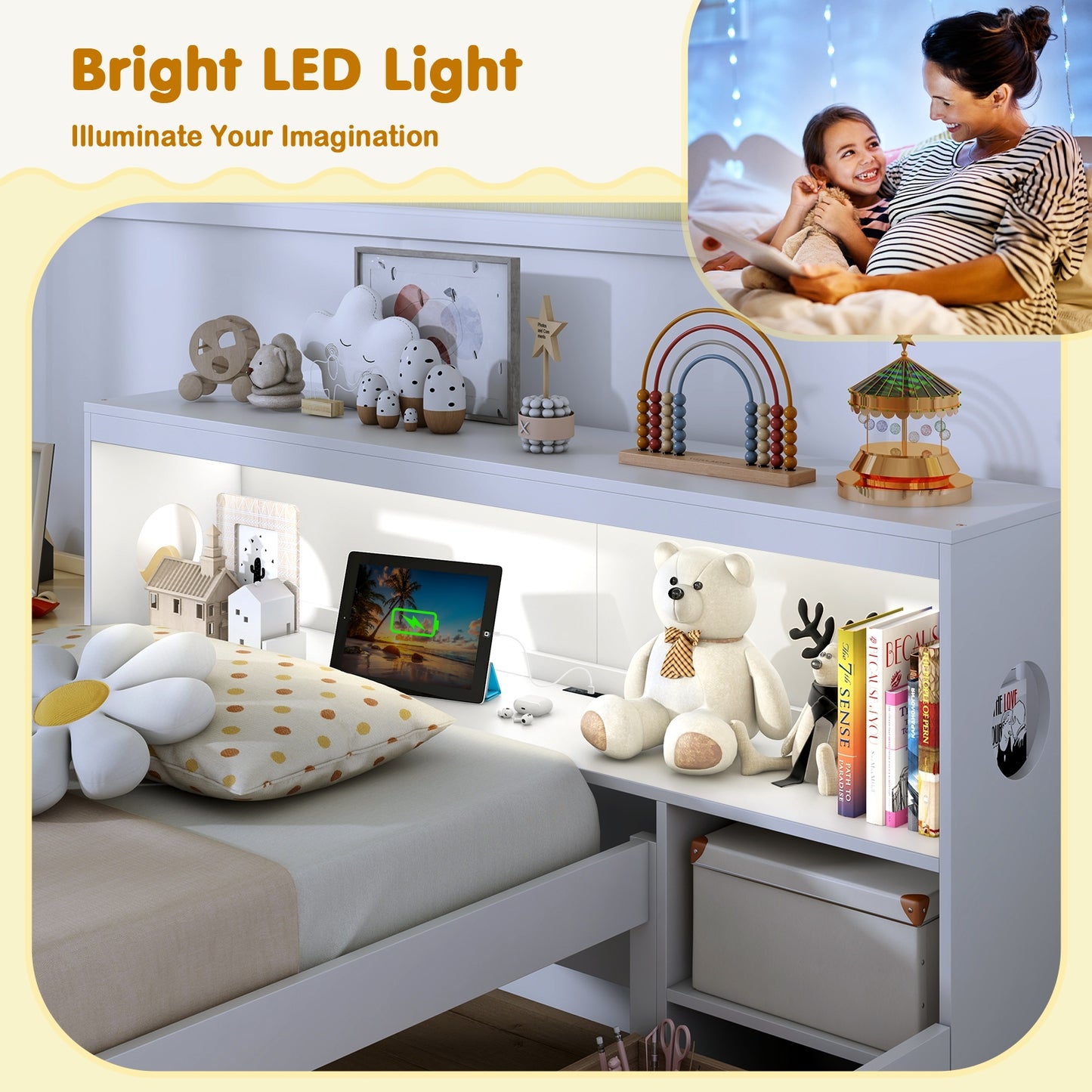 Twin Size Bed Frame with LED Light and Bookcase Headboard-White Kids Crystal