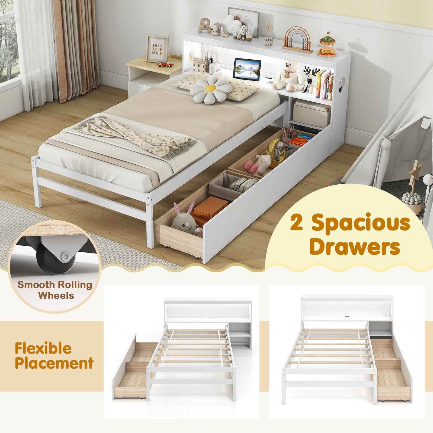 Twin Size Bed Frame with LED Light and Bookcase Headboard-White Kids Crystal