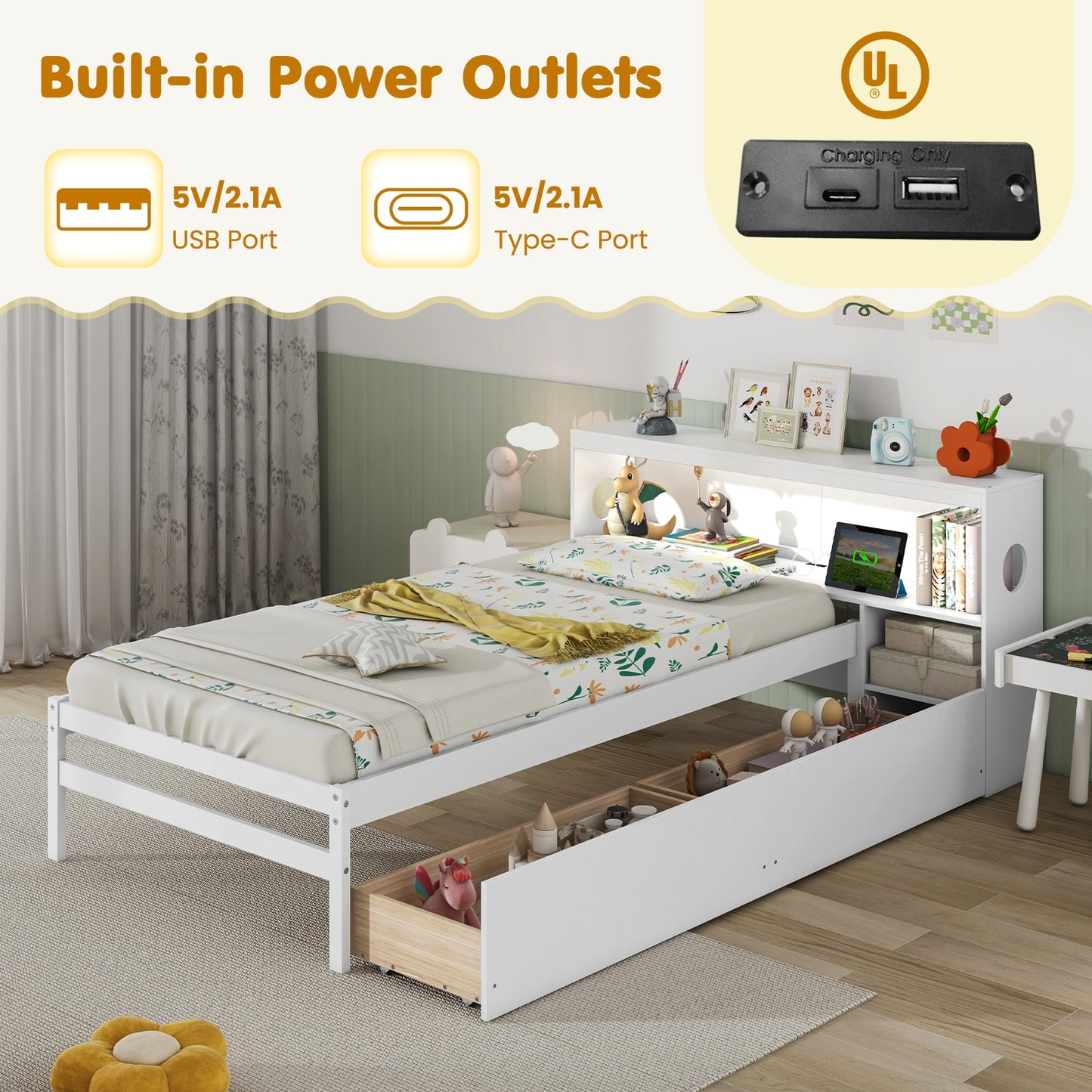 Twin Size Bed Frame with LED Light and Bookcase Headboard-White Kids Crystal
