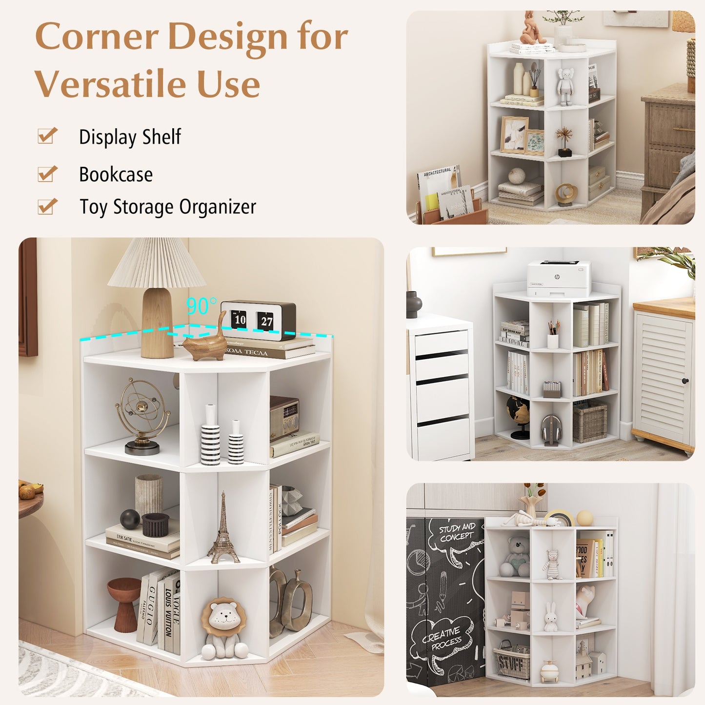 3-Tier Corner Cabinet with Charging Station for Bedroom-White Kids Crystal