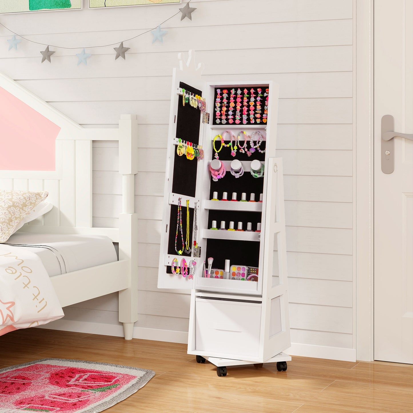 Kids Jewelry Armoire Cabinet with Swivel Base and Lockable Universal Wheels-White Kids Crystal