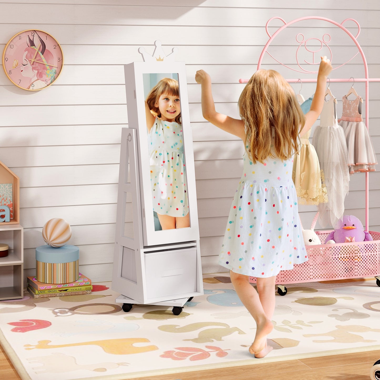 Kids Jewelry Armoire Cabinet with Swivel Base and Lockable Universal Wheels-White Kids Crystal
