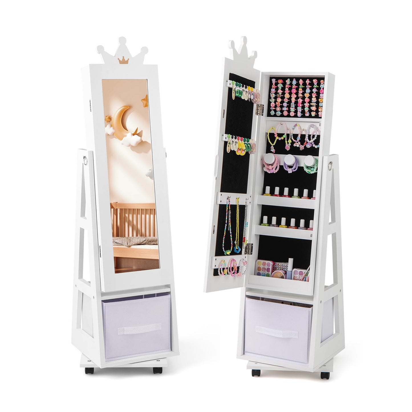 Kids Jewelry Armoire Cabinet with Swivel Base and Lockable Universal Wheels-White Kids Crystal