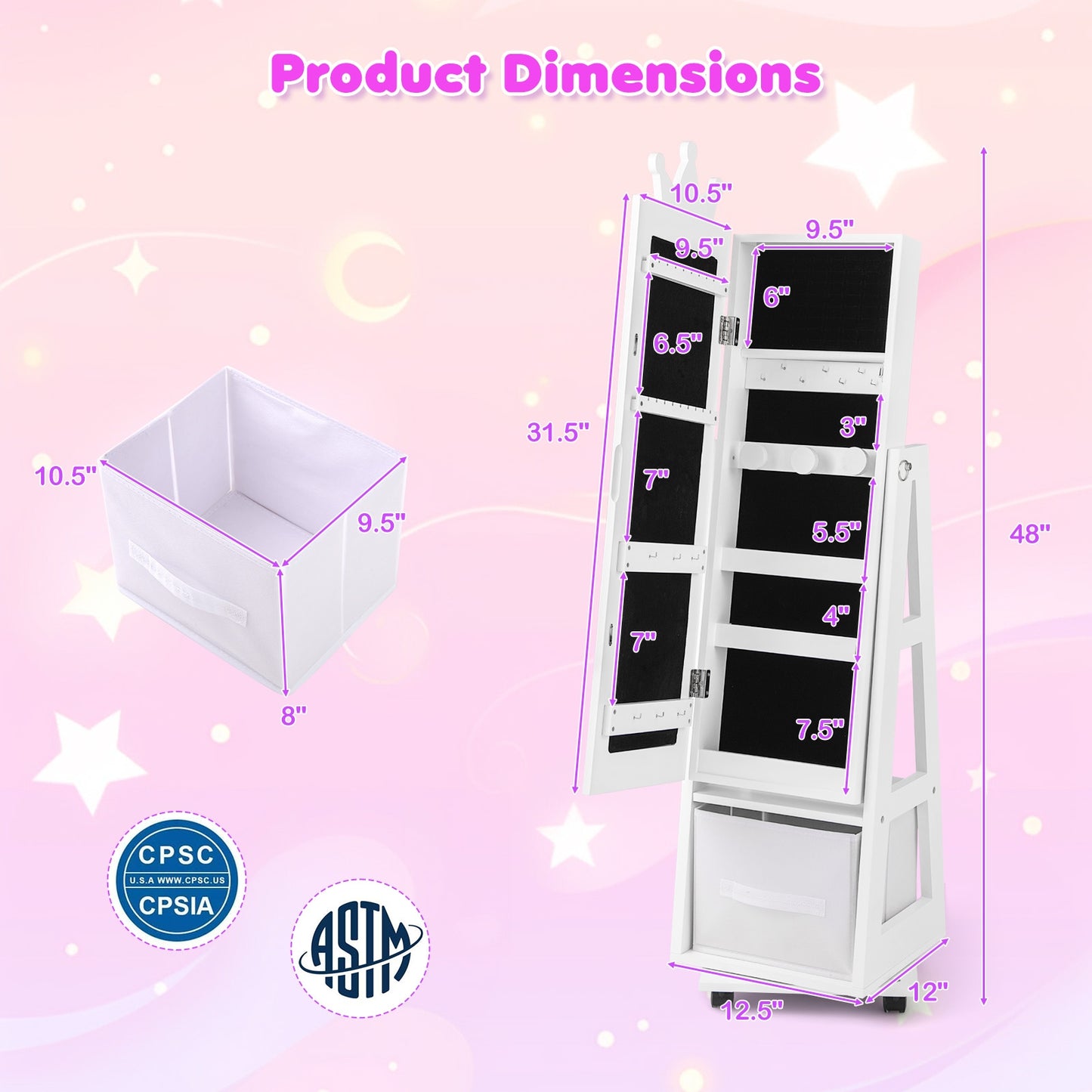 Kids Jewelry Armoire Cabinet with Swivel Base and Lockable Universal Wheels-White Kids Crystal