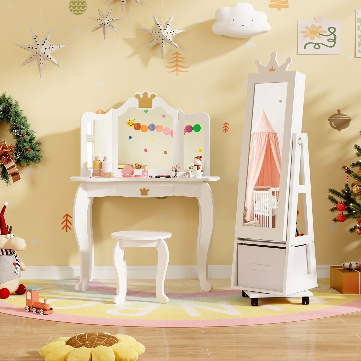 Kids Jewelry Armoire Cabinet with Swivel Base and Lockable Universal Wheels-White Kids Crystal